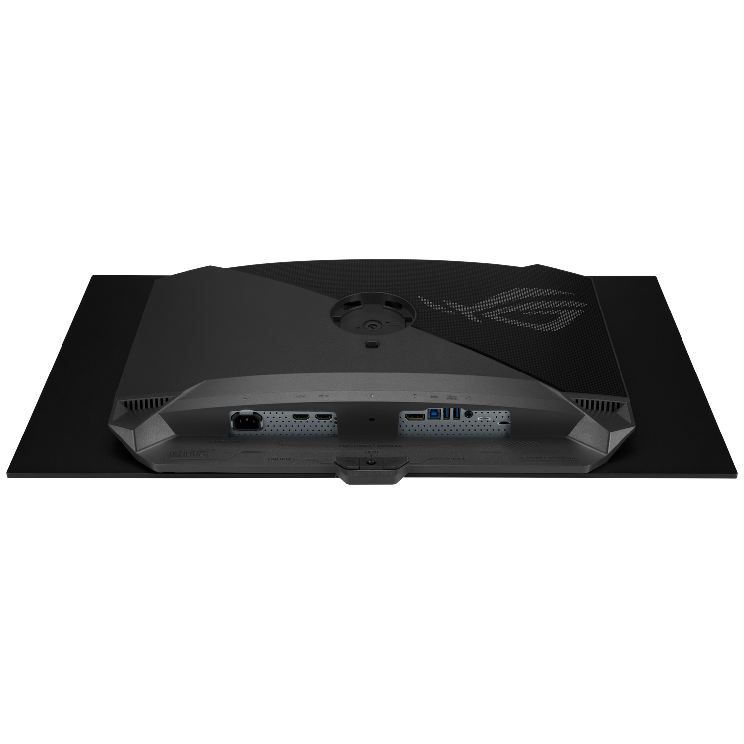 Achterkant van een zwarte monitor met poorten en ROG-logo.