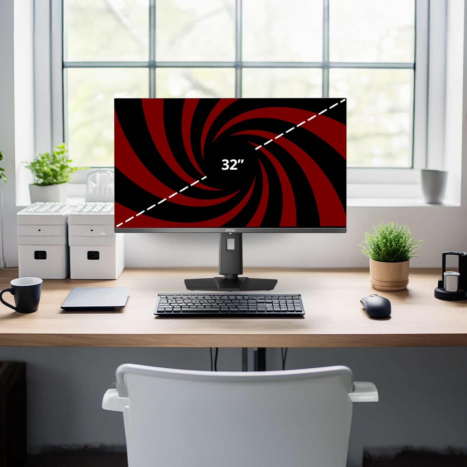 Een 32-inch monitor met een rood en zwart draaikolkpatroon staat op een bureau.