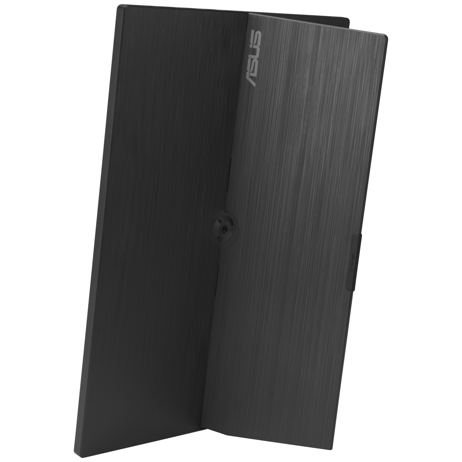 Een zwarte ASUS monitor met geborstelde metalen afwerking.