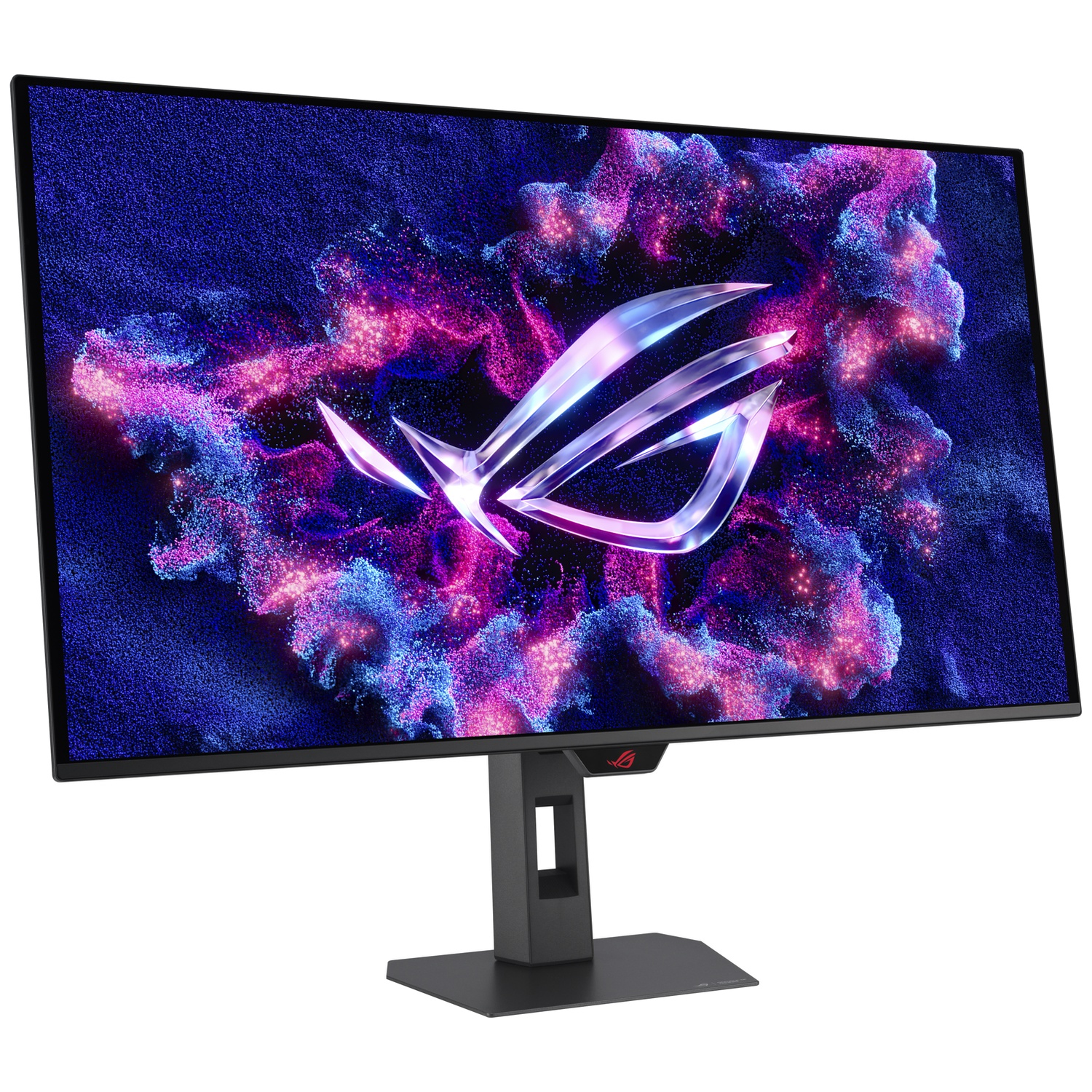Een gamingmonitor toont het ROG-logo tegen een levendige, deeltjesachtige achtergrond.