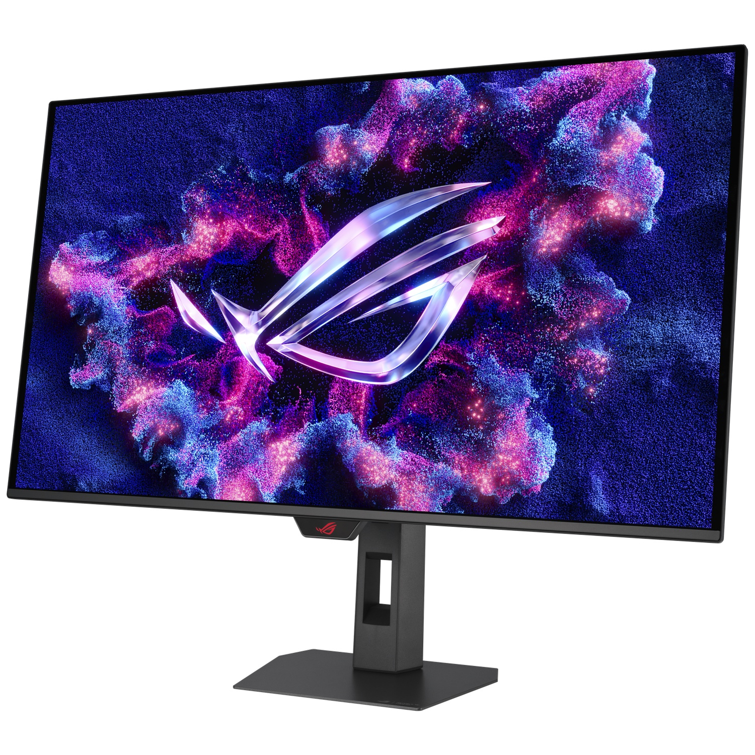 Een gaming monitor toont het ROG-logo tegen een levendige paarse en blauwe abstracte achtergrond.