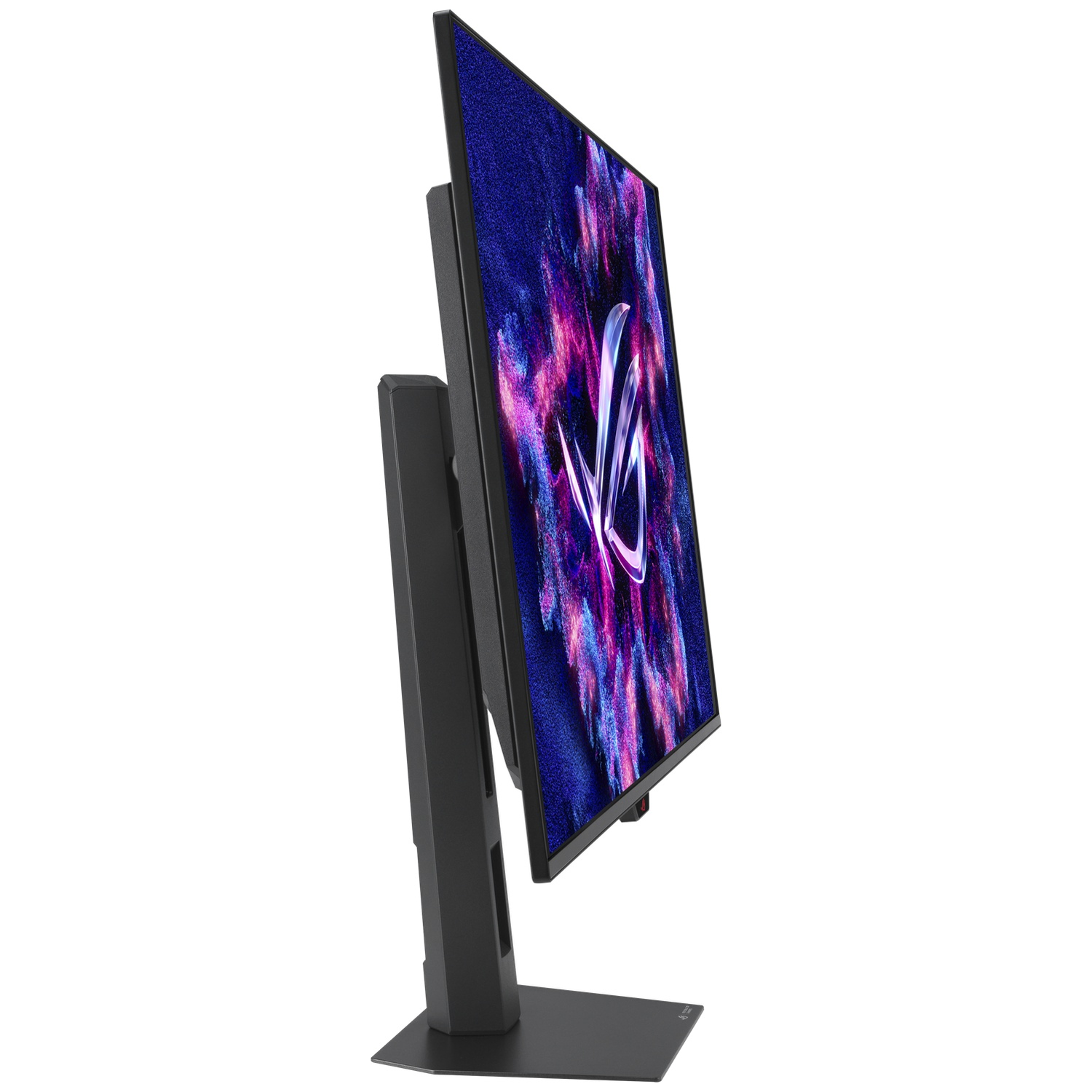 Een zwarte monitor met ROG-logo tegen een kleurrijke achtergrond.