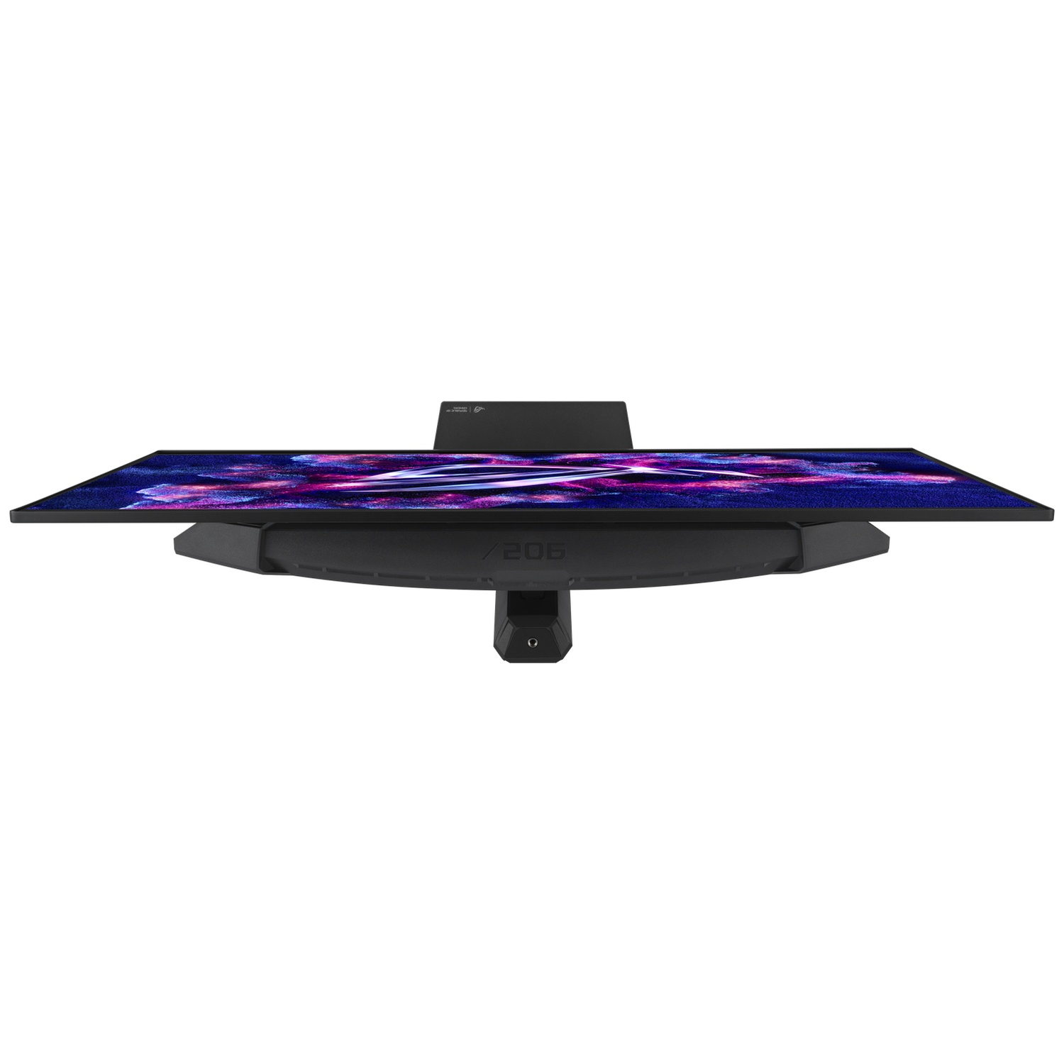 Een zwarte monitor met een abstracte, kleurrijke achtergrond.