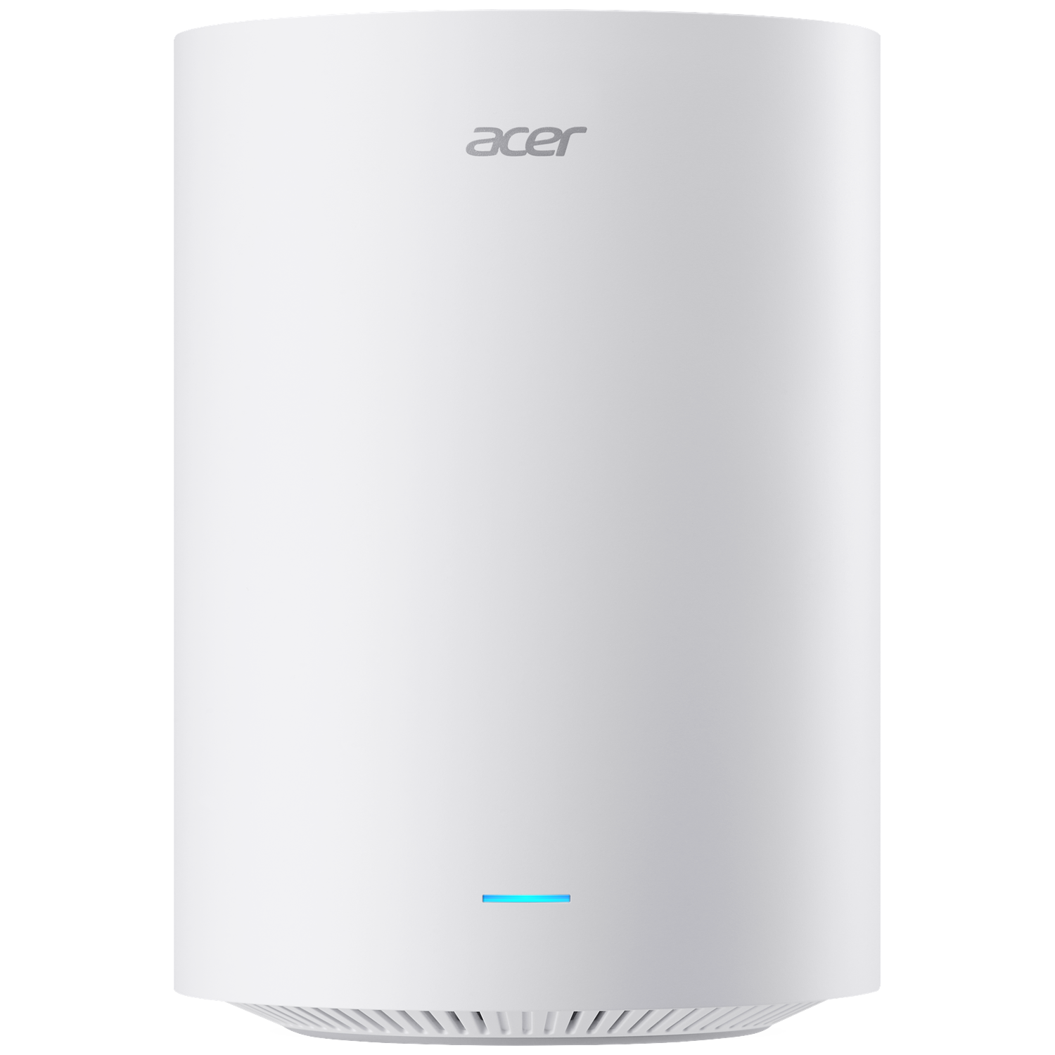 Een witte Acer router met een blauw lampje aan de voorkant en ventilatie aan de onderkant.