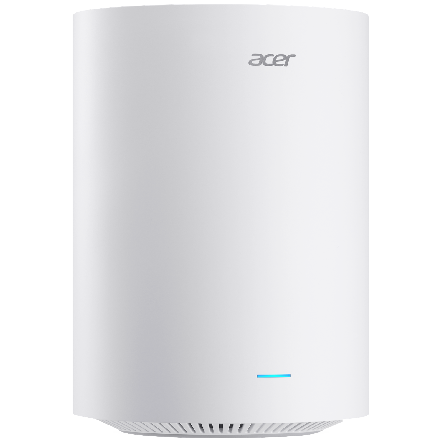 Een witte Acer router met blauw licht onderaan.