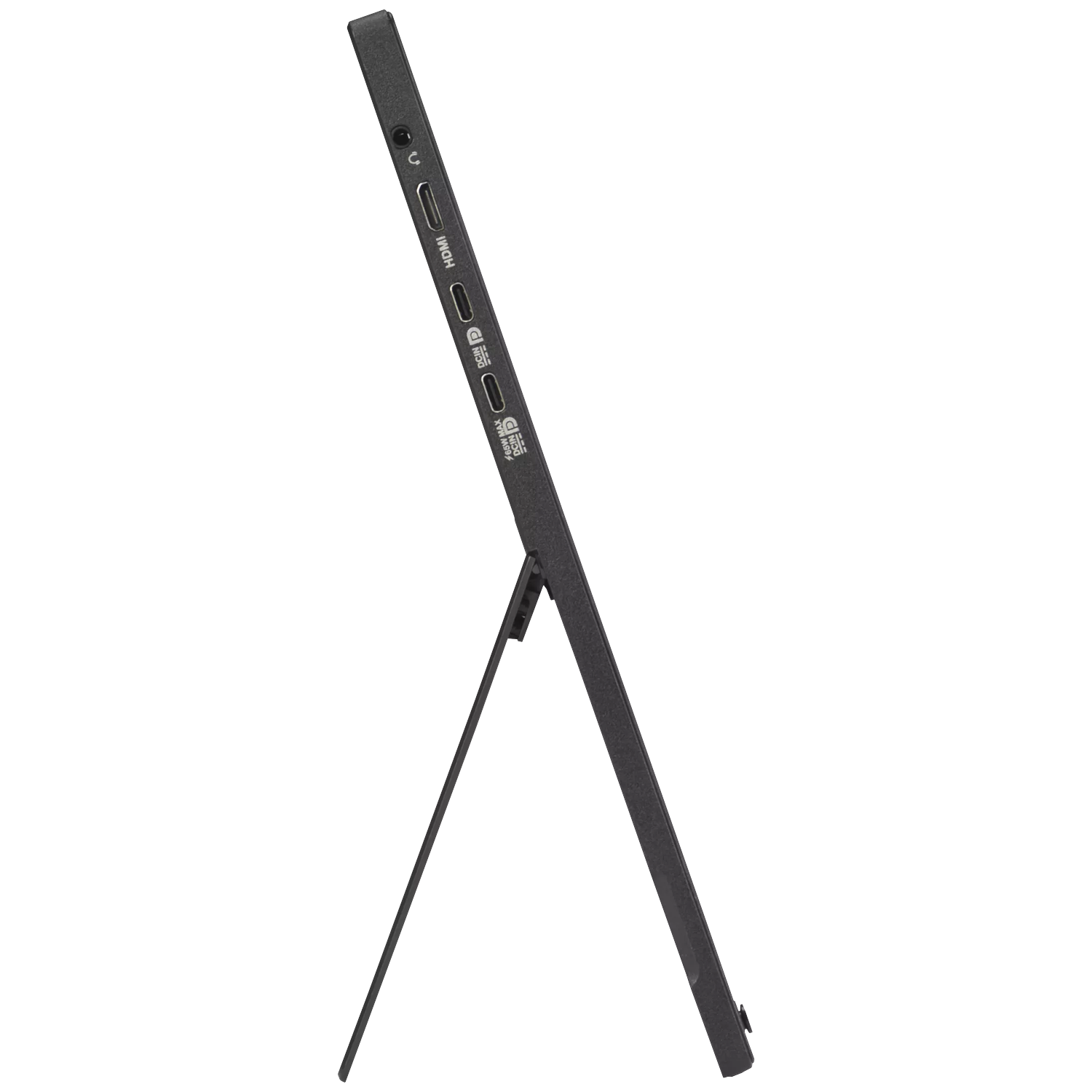 Zwart, dun display met standaard, HDMI- en USB-poorten zichtbaar.
