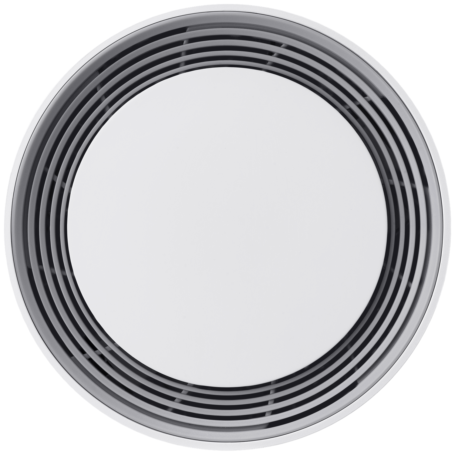 Een witte ronde ventilatorafdekking met grijze lamellen in een ring.