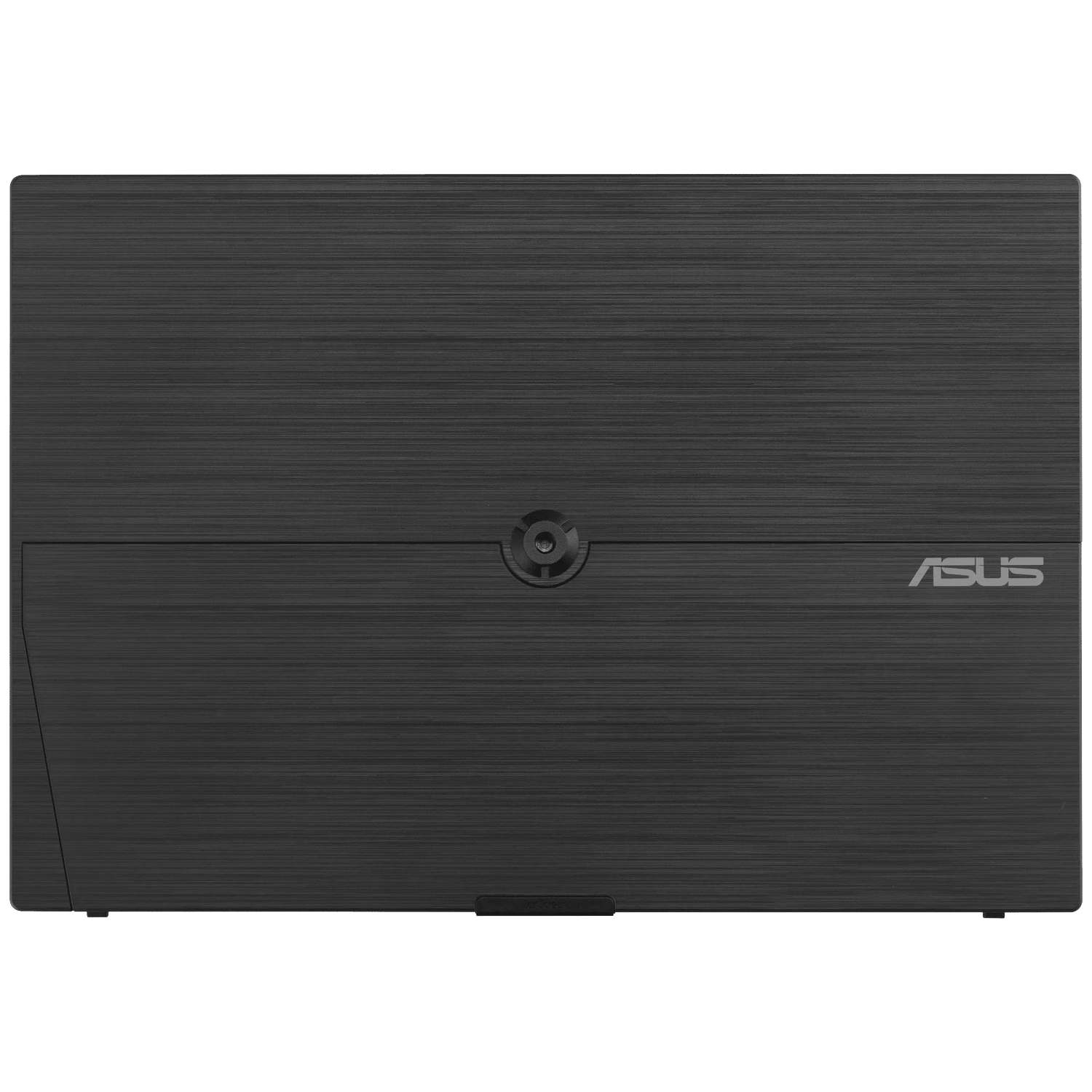 Donkergrijs laptopdeksel met geborstelde afwerking en ASUS-logo.