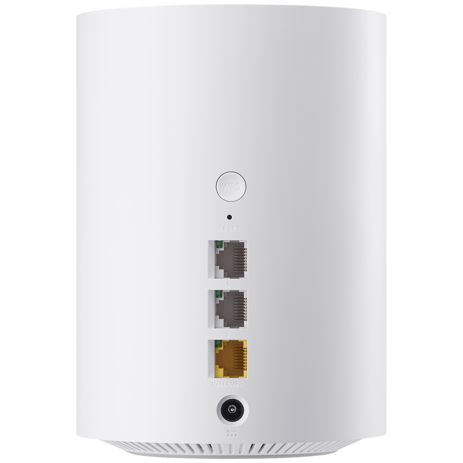 Witte cilindrische router met WPS, Reset en Internet poorten.