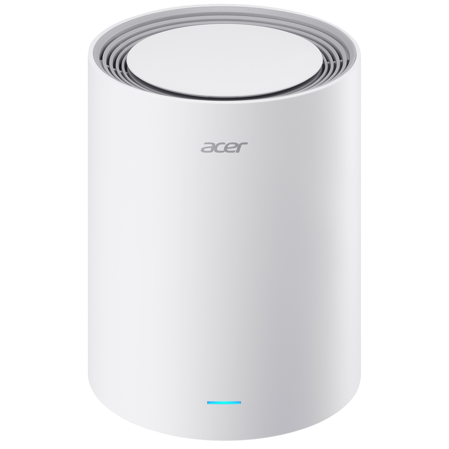 Wit cilindrisch Acer-apparaat met ventilatieopeningen boven en een blauw LED-lampje.