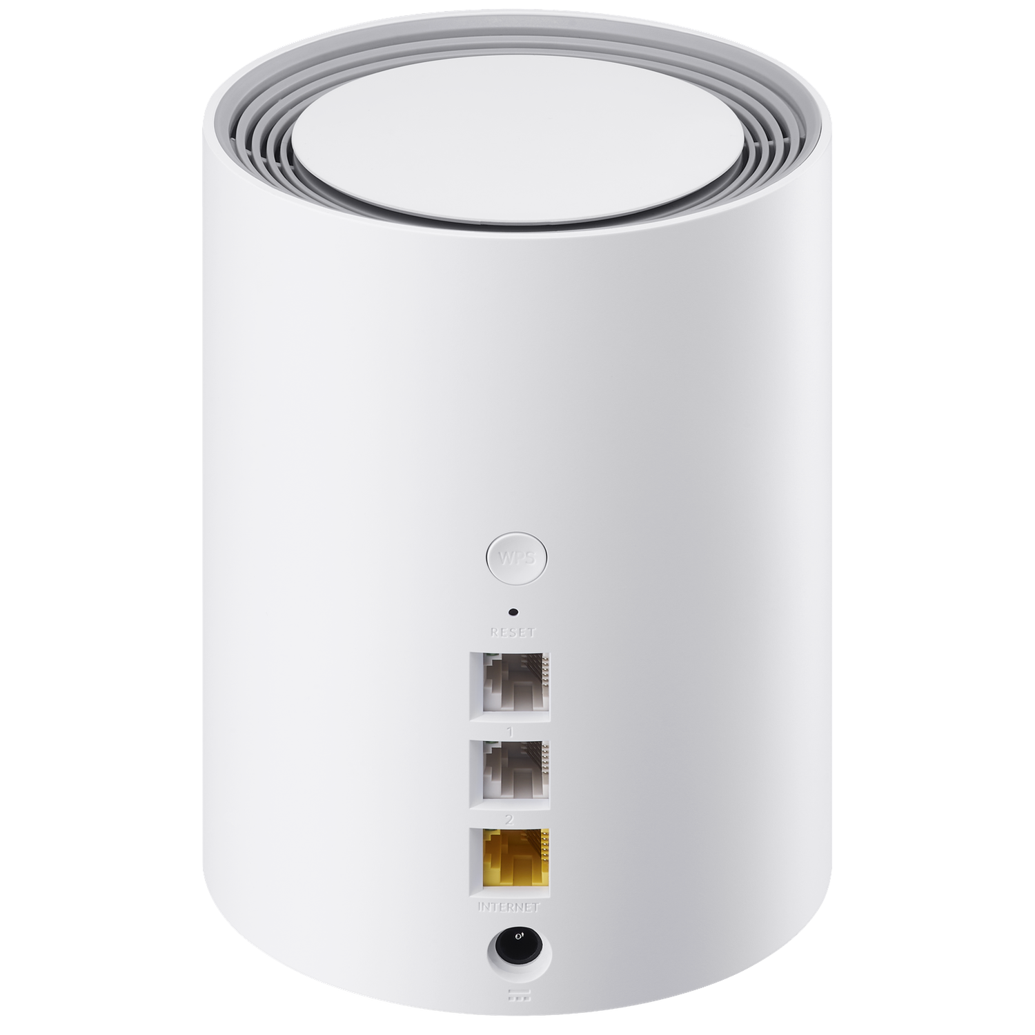 Een witte router met Ethernetpoorten en een WPS-knop.
