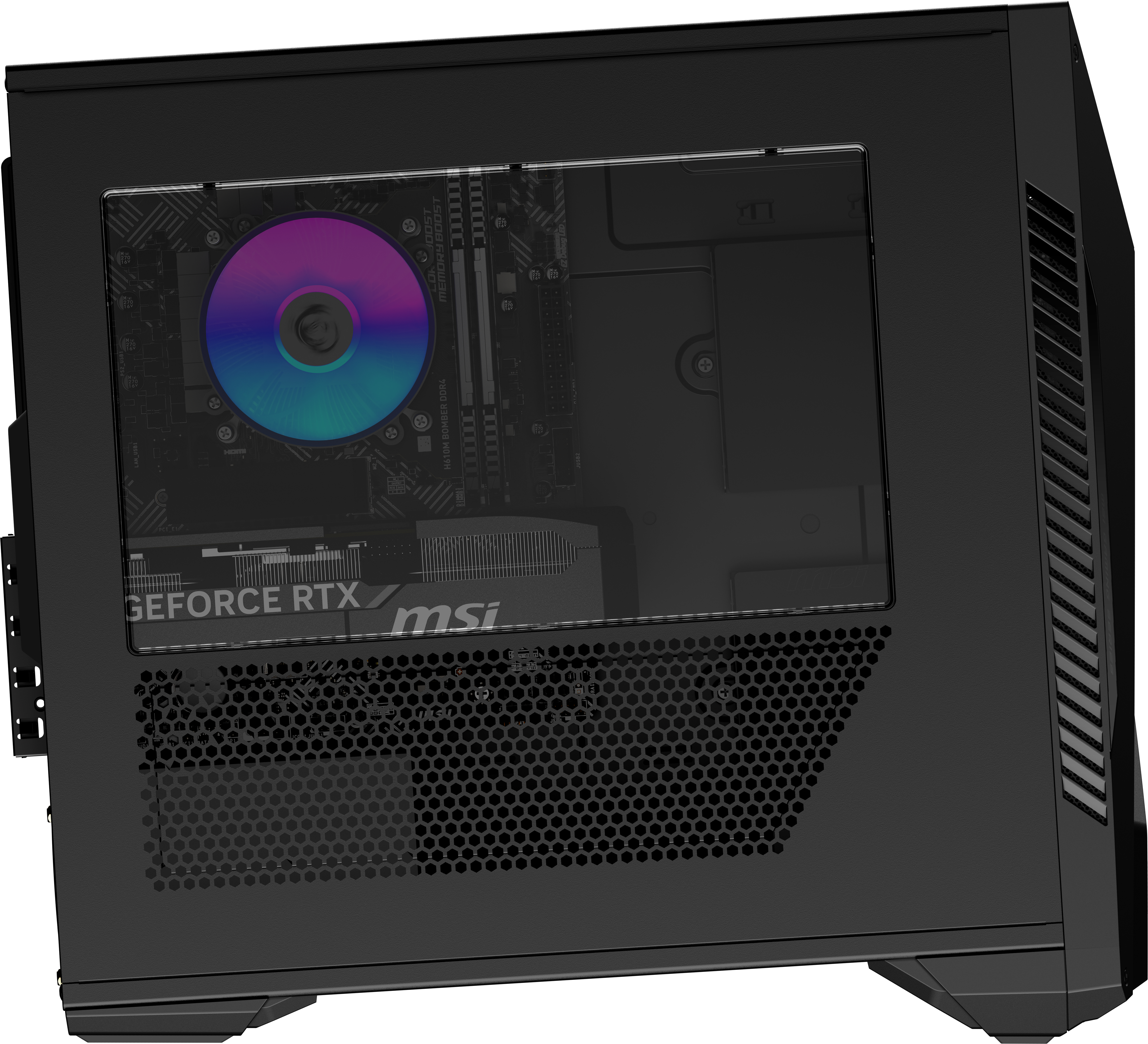 Schwarzes PC-Gehäuse mit sichtbarem Motherboard, Lüfter und Grafikkarte.