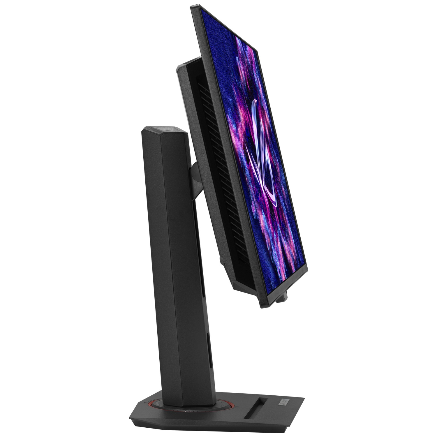 Black monitor with colorful ROG logo on screen, on a stand.