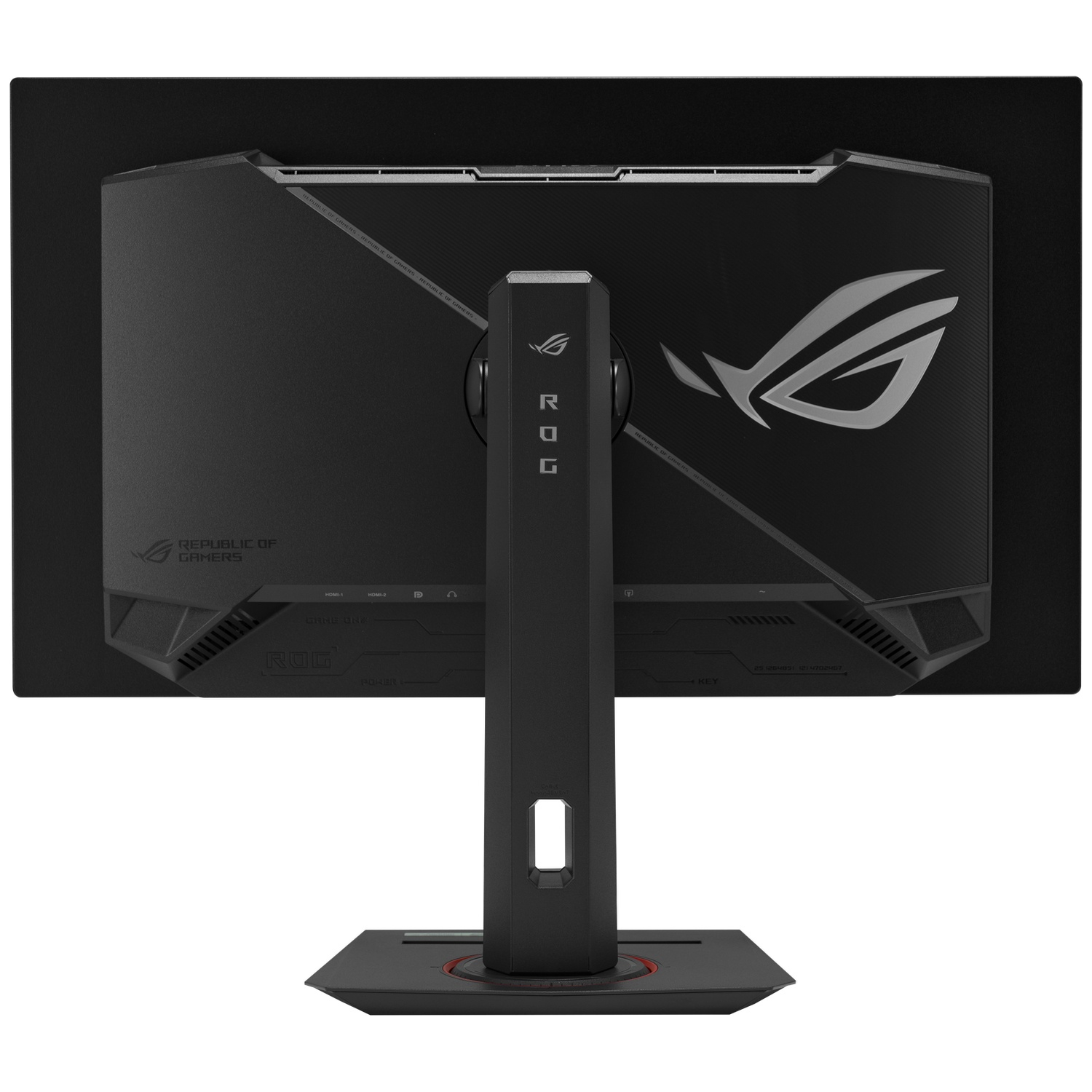 Back of a black gaming monitor with ROG logo and "Republic of Gamers" text.