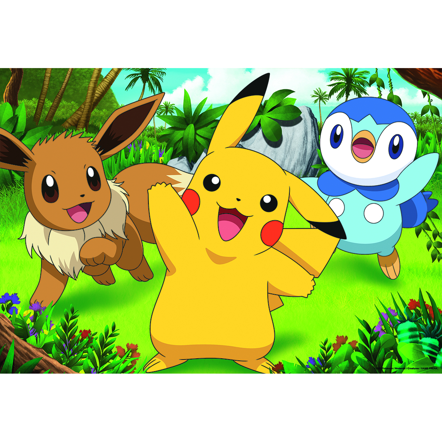 Pikachu, Eevee en Piplup staan vrolijk in een groen gebied met bomen en bloemen.