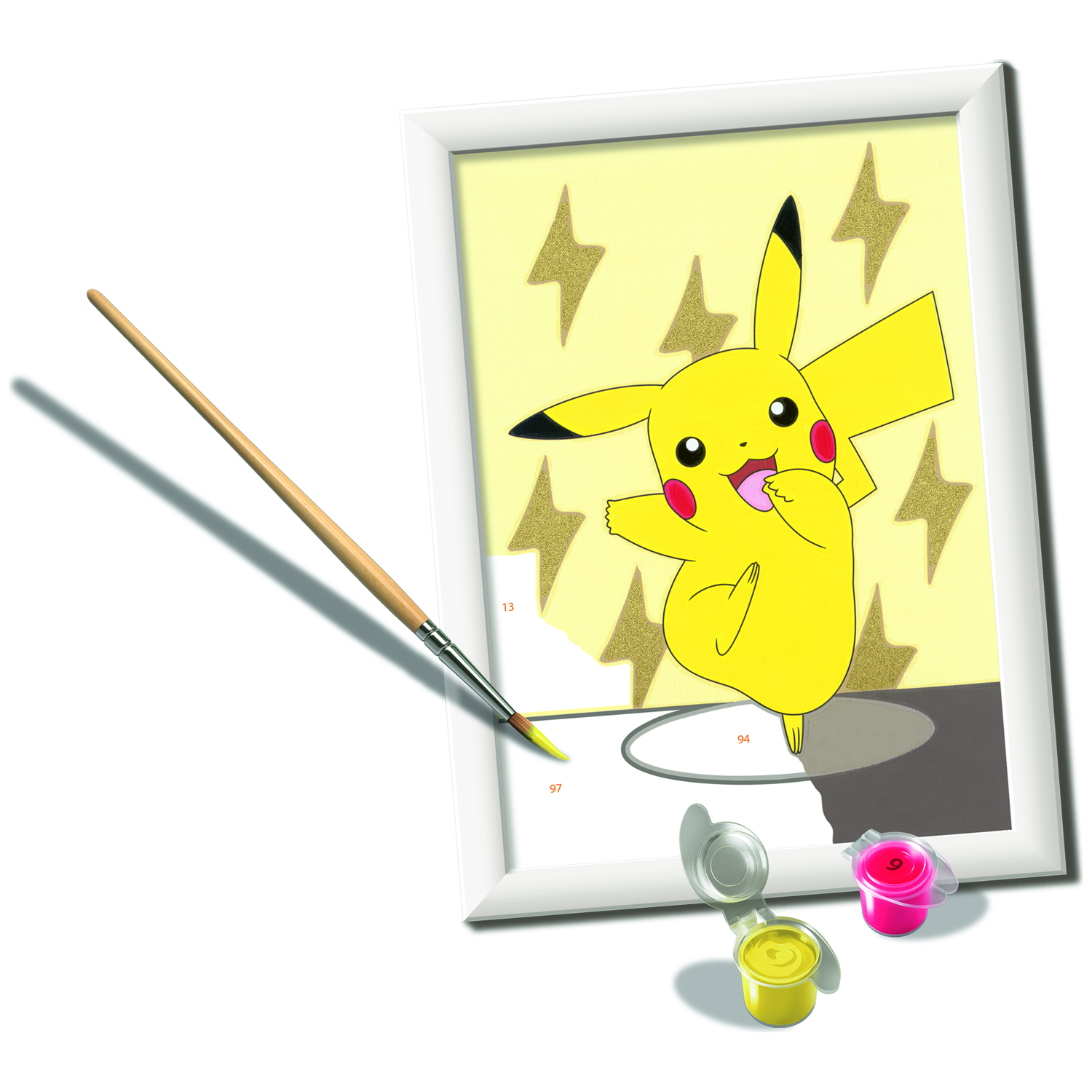 A painting of Pikachu with lightning bolts, a paintbrush, and paints.