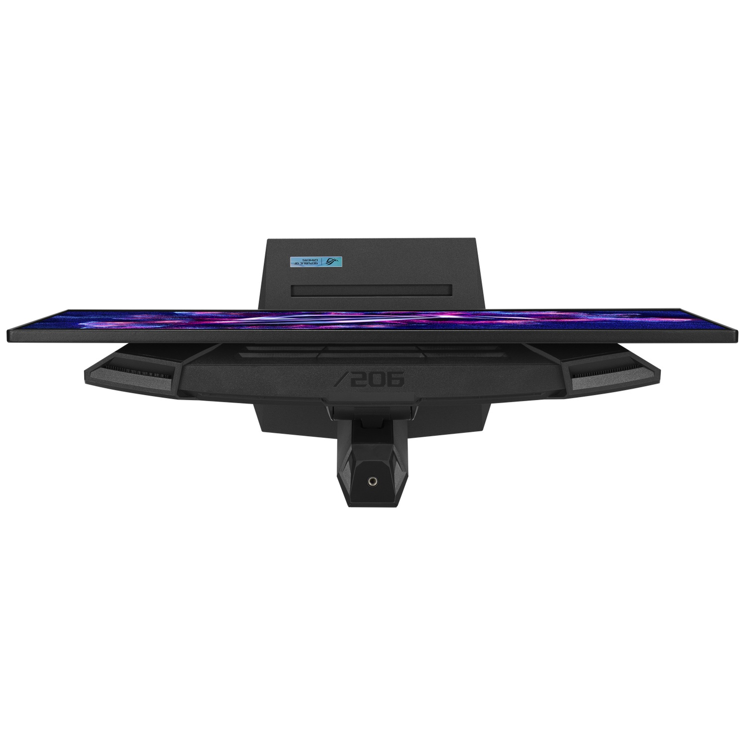 A black gaming monitor with RGB lighting on its stand.