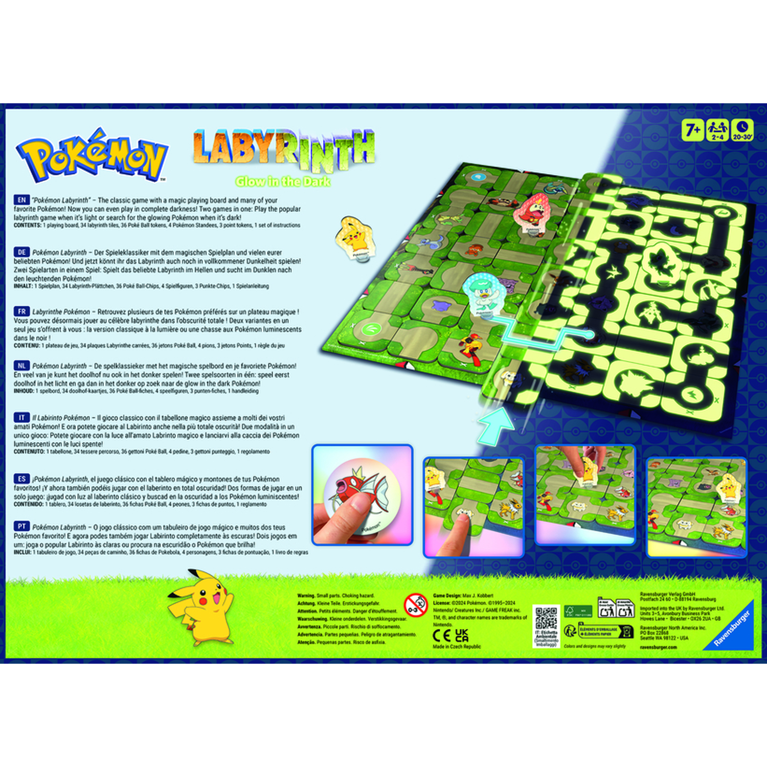 Pokémon Labyrinth speelbord met speelfiguren, lichtgevende paden en Pokémon.