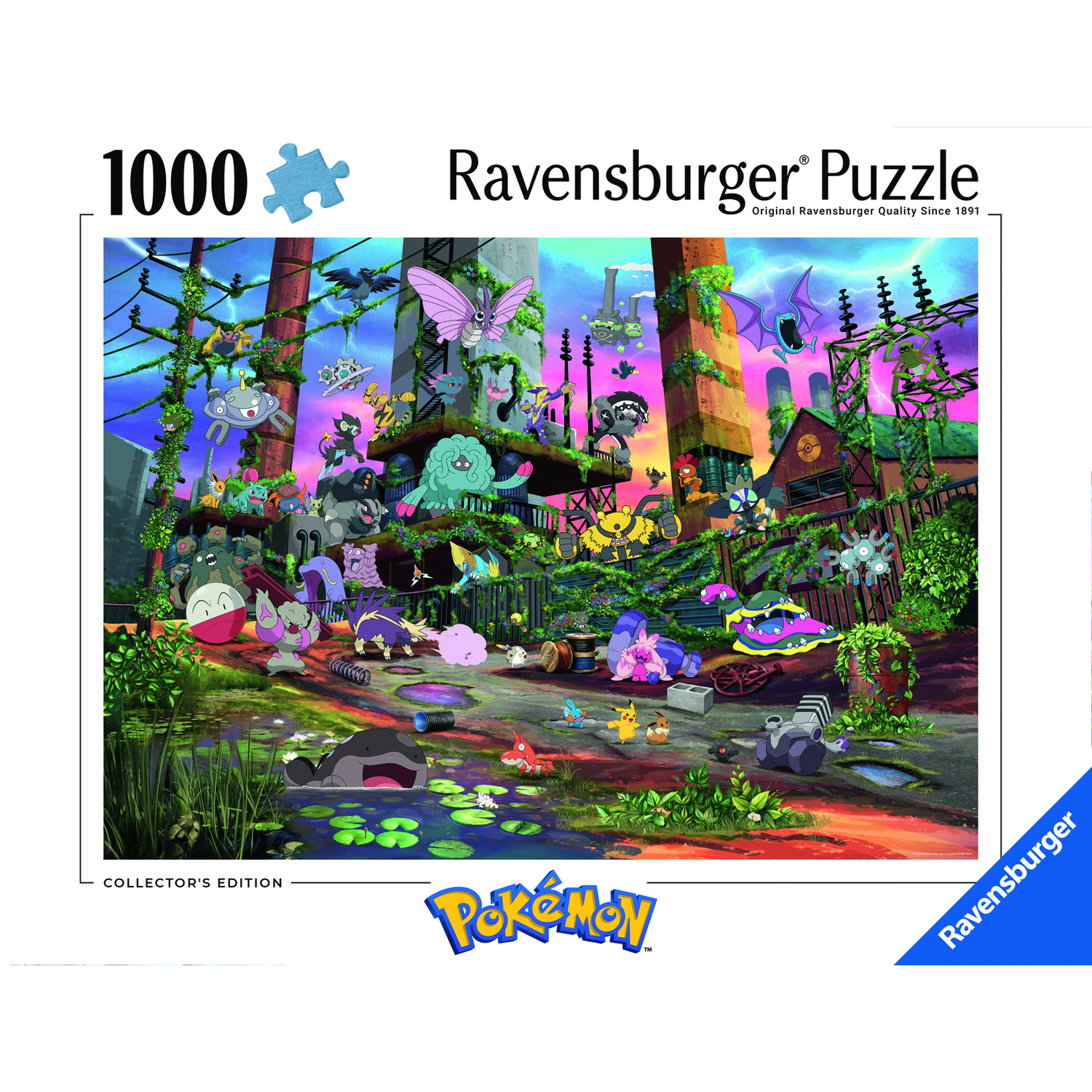 Ravensburger 1000-delige puzzel met veel Pokémon in een industriële omgeving.
