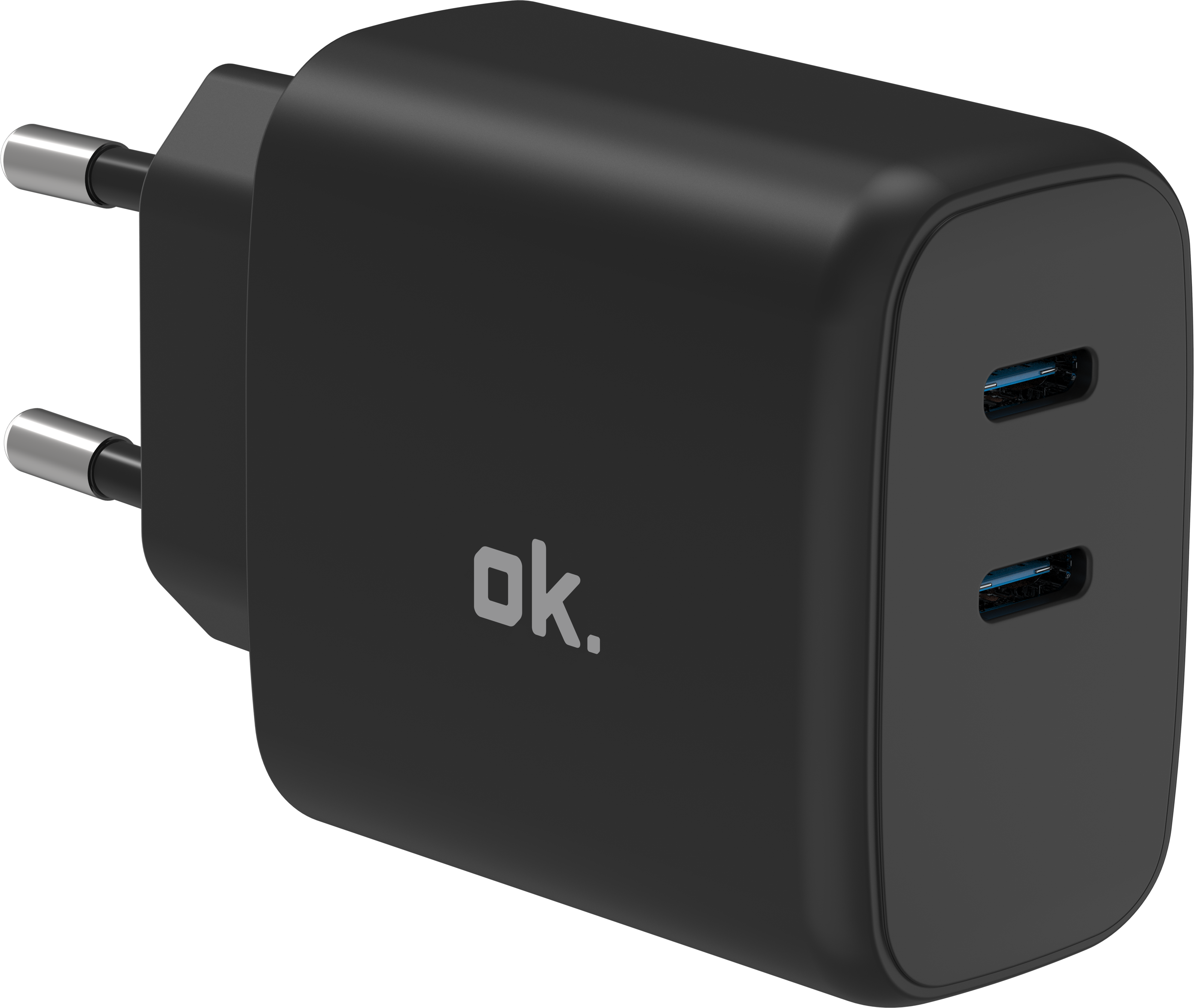 Schwarzer USB-C-Adapter mit zwei Anschlüssen und europäischen Steckern.