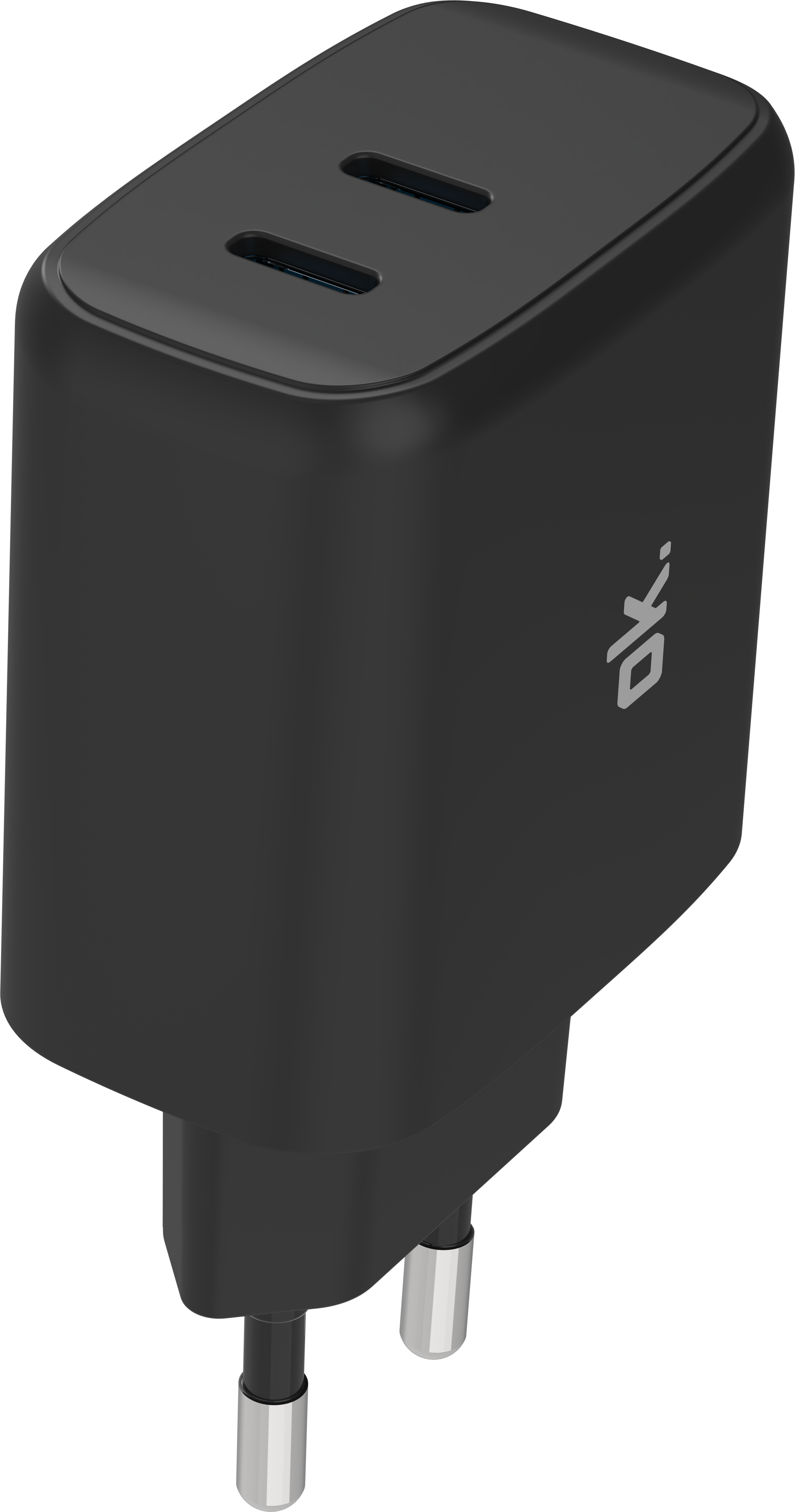 Schwarzes Ladegerät mit zwei USB-Anschlüssen und silbernen Steckern.