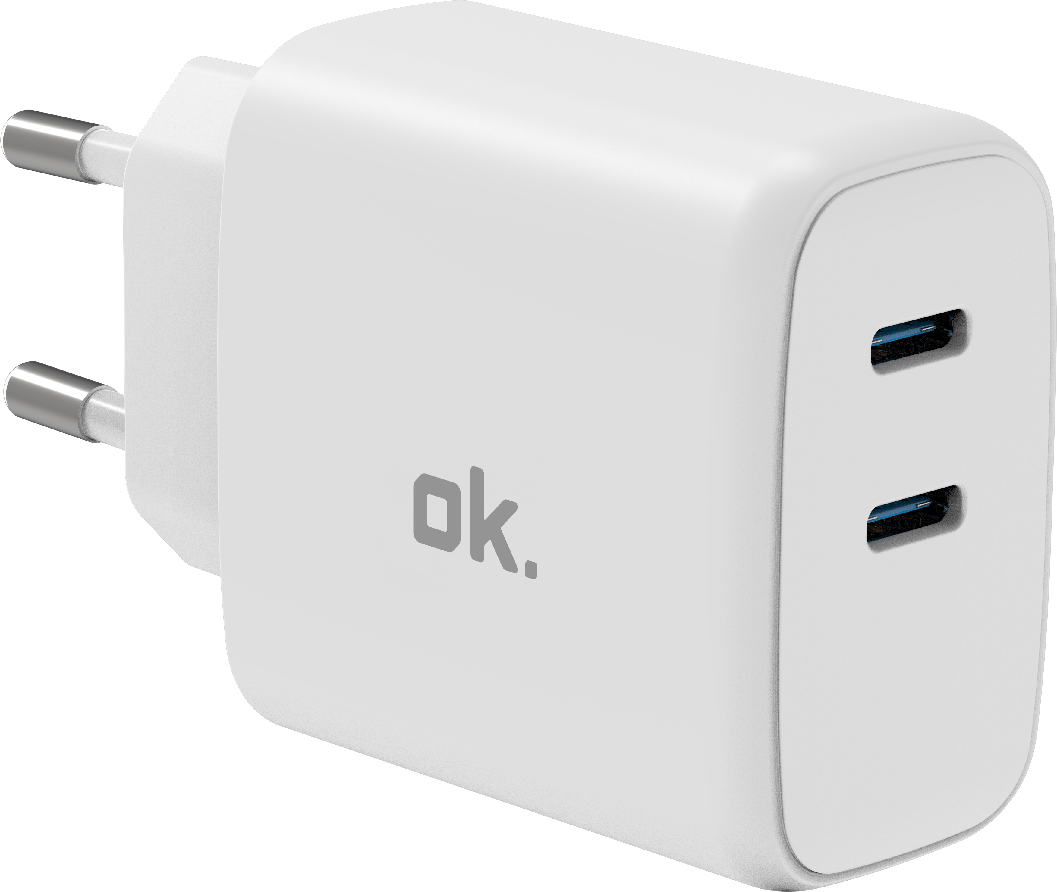 Weißer USB-C-Ladestecker mit zwei Anschlüssen und silbernen Stiften.