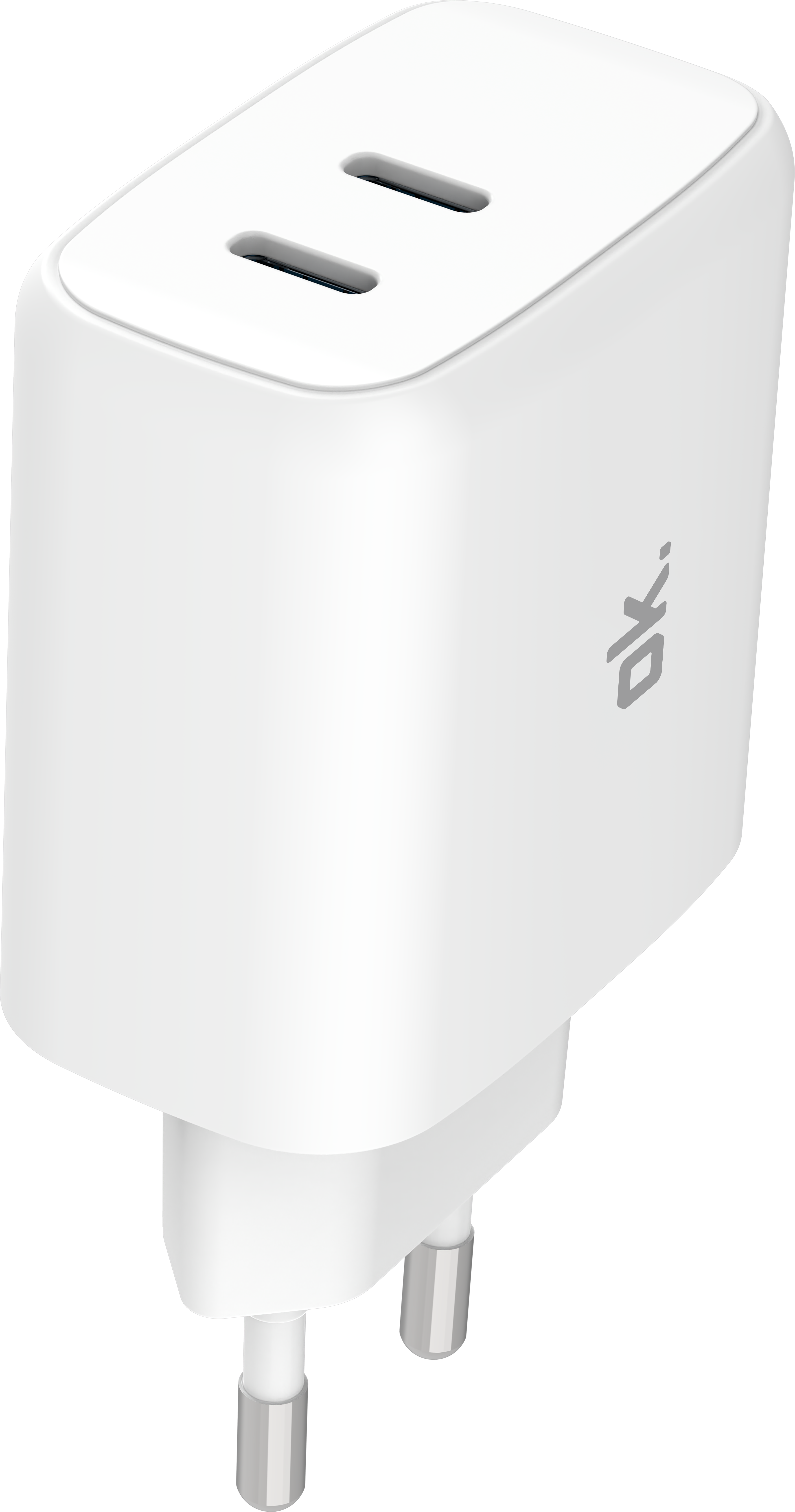 Ein weißer Doppel-USB-C-Ladestecker mit silbernen Pins und einem Logo.