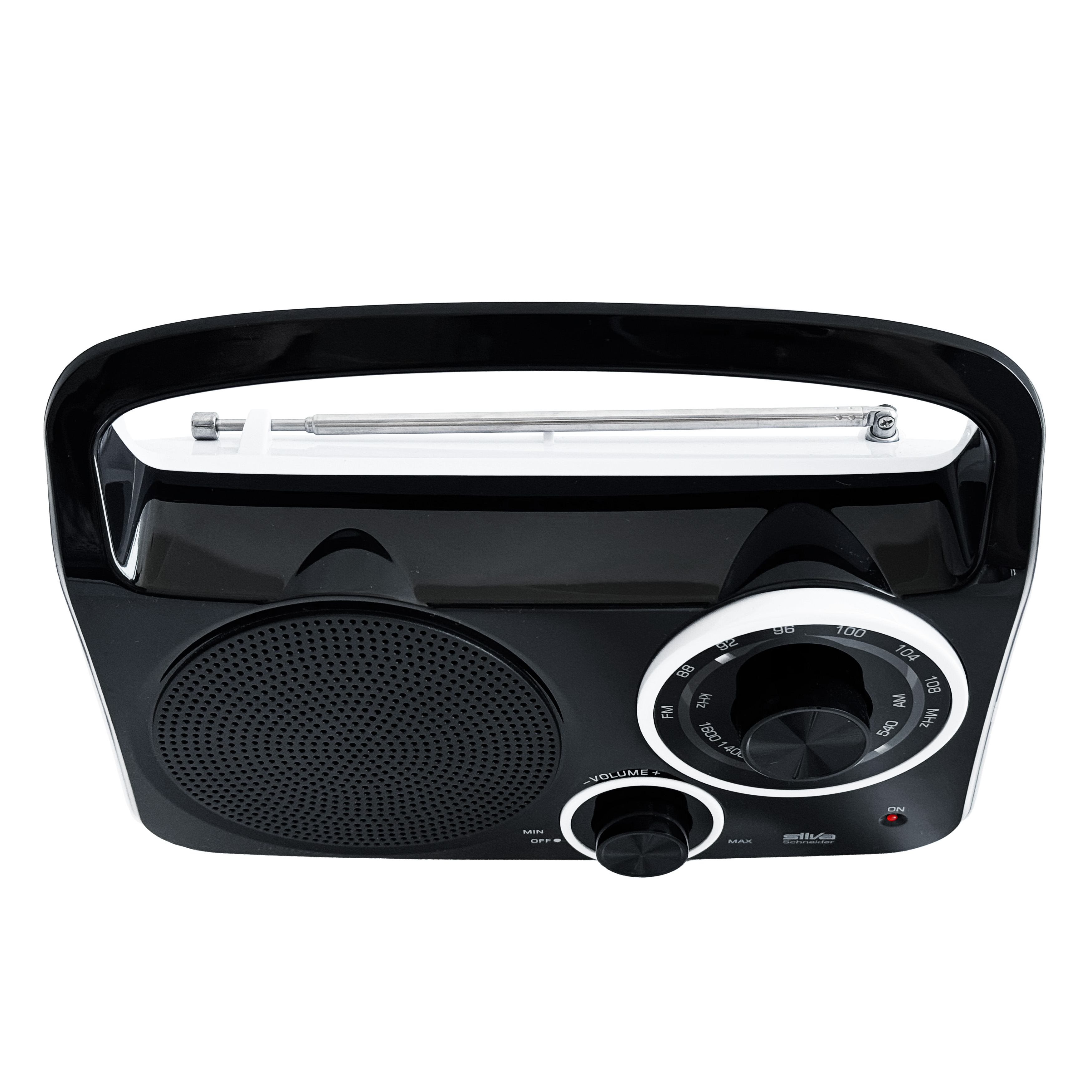 Ein schwarzes und weißes Radio mit Antenne, Lautsprecher und Knöpfen.