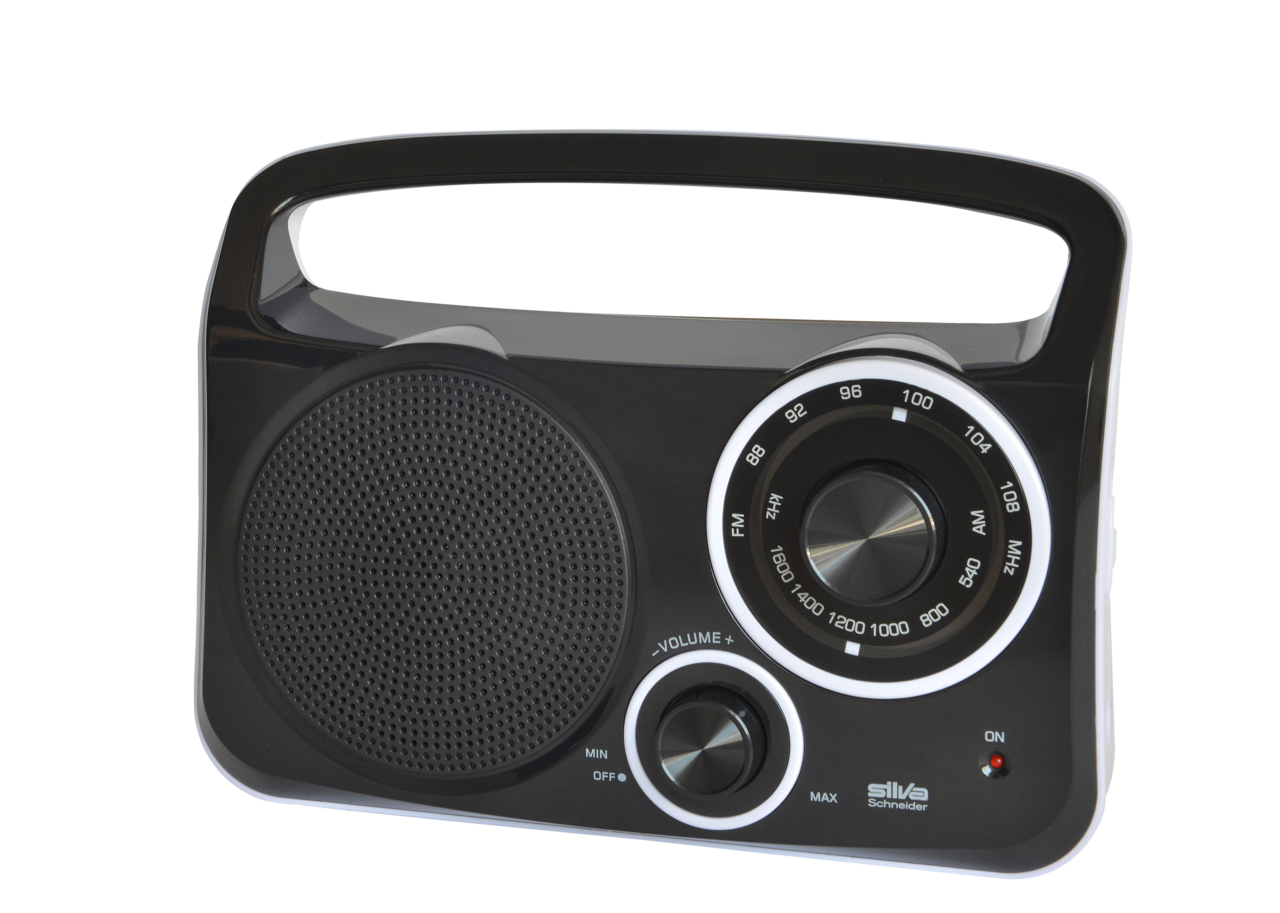 Schwarzer tragbarer Radio mit silbernen Bedienelementen und Griff.