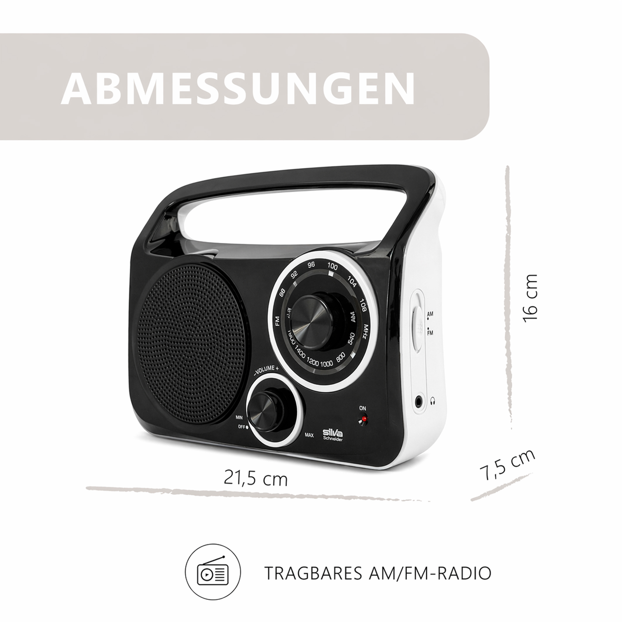 Schwarzer und weißer tragbarer AM/FM-Radio mit Griff, Lautstärkeregler und Senderwahl.