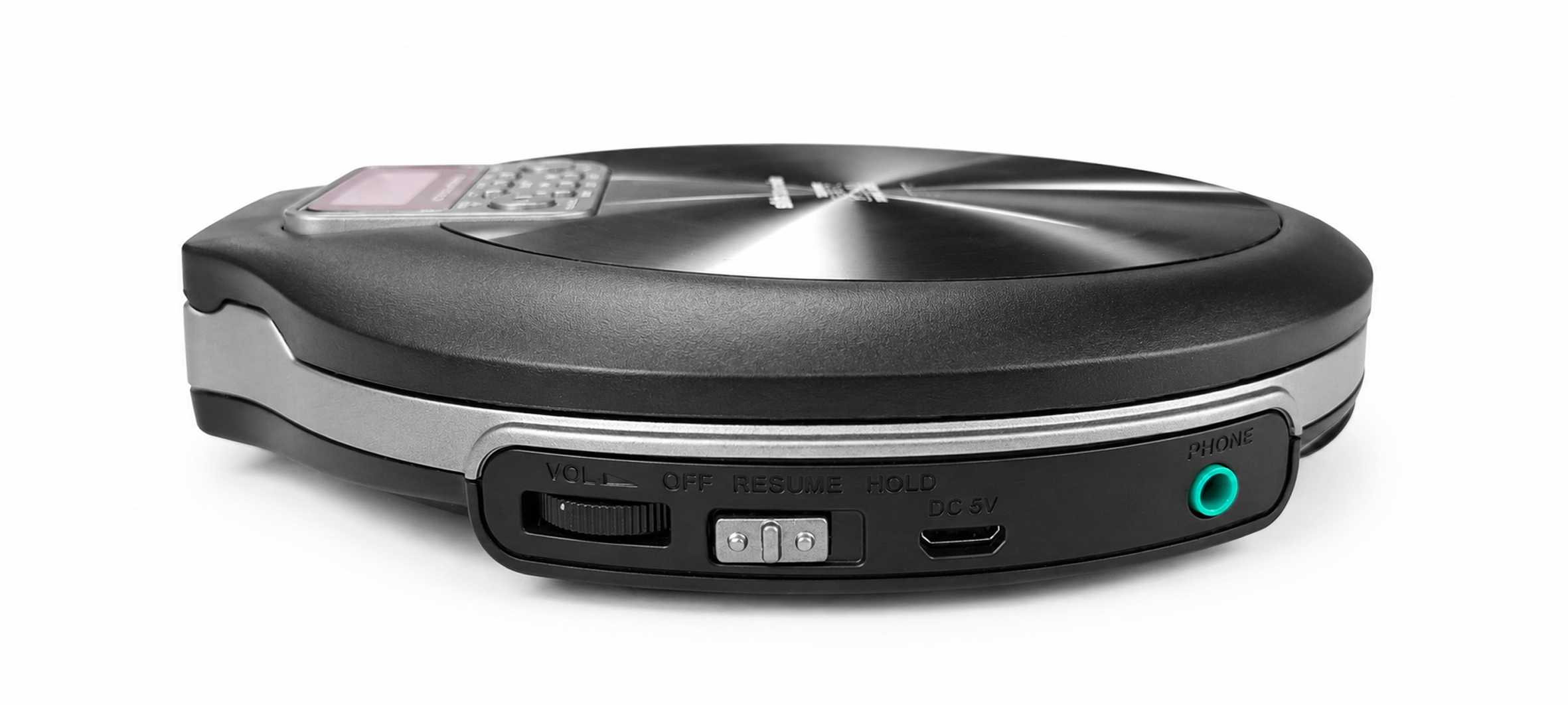 Schwarzer Discman mit silbernen Akzenten, Tasten und Anschlüssen.