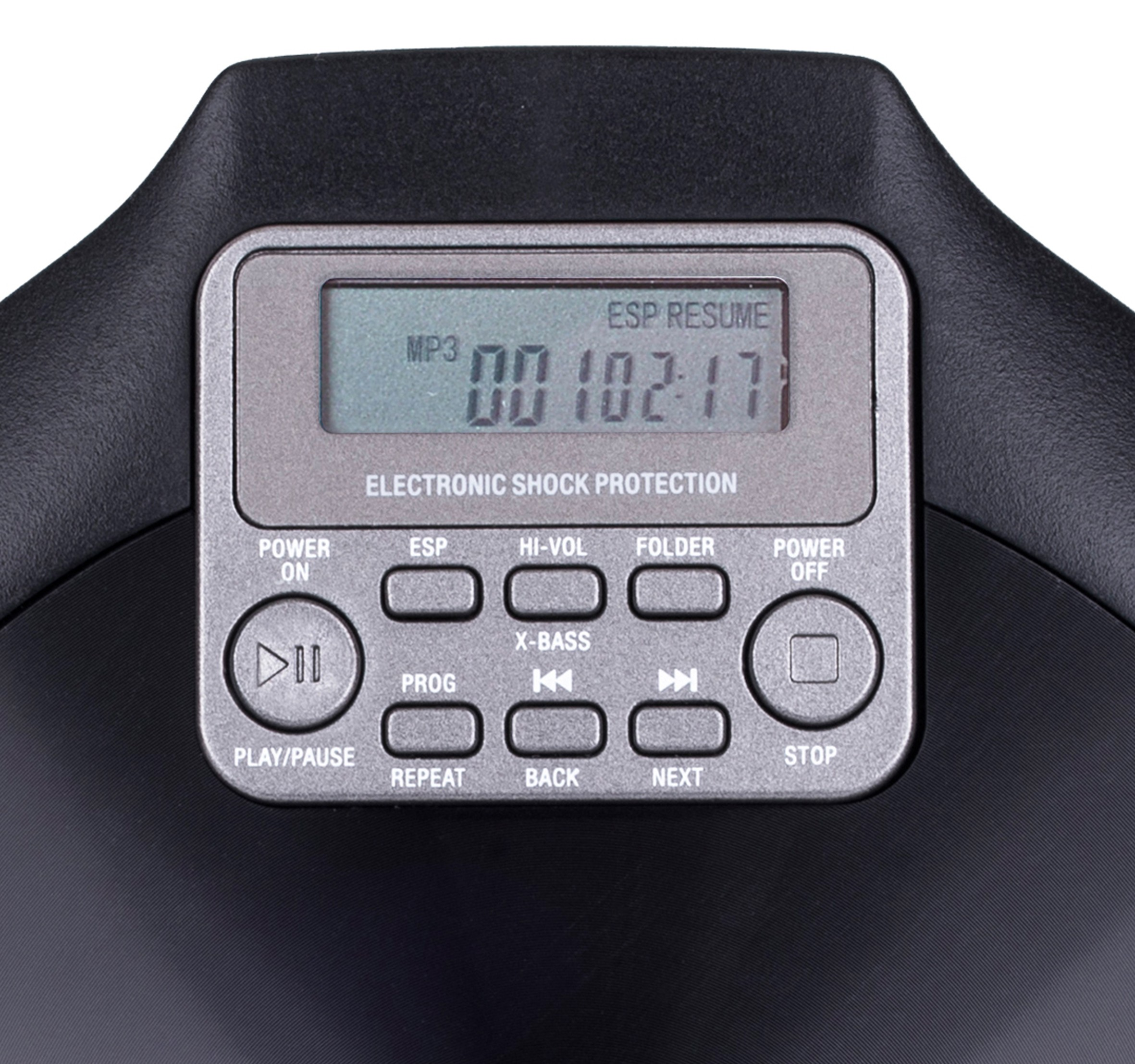 Ein tragbarer CD-Player mit Display, Tasten und schwarzem Gehäuse.