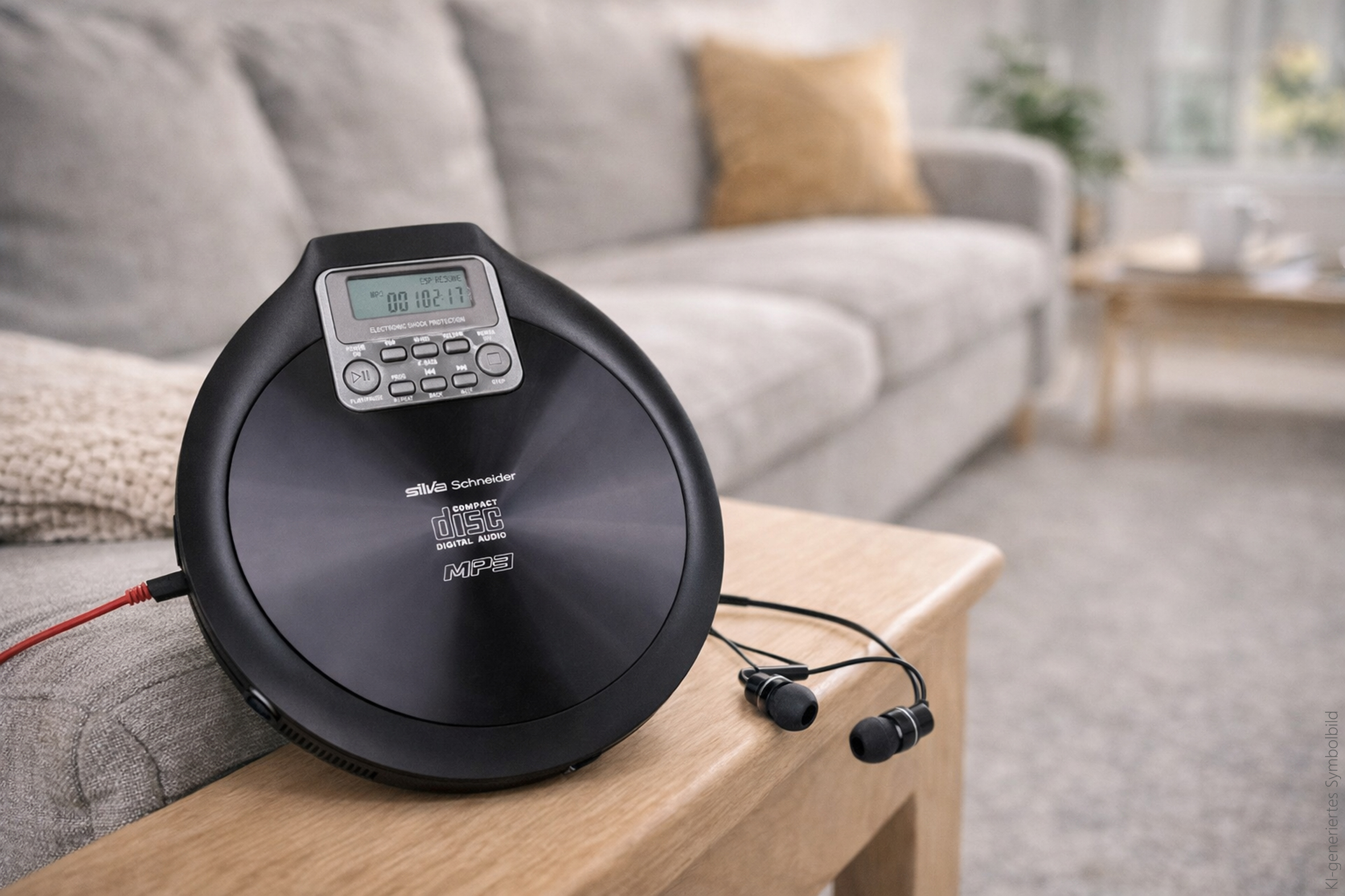 Schwarzer tragbarer CD-Player mit Kopfhörern auf einem Holztisch, Sofa im Hintergrund.