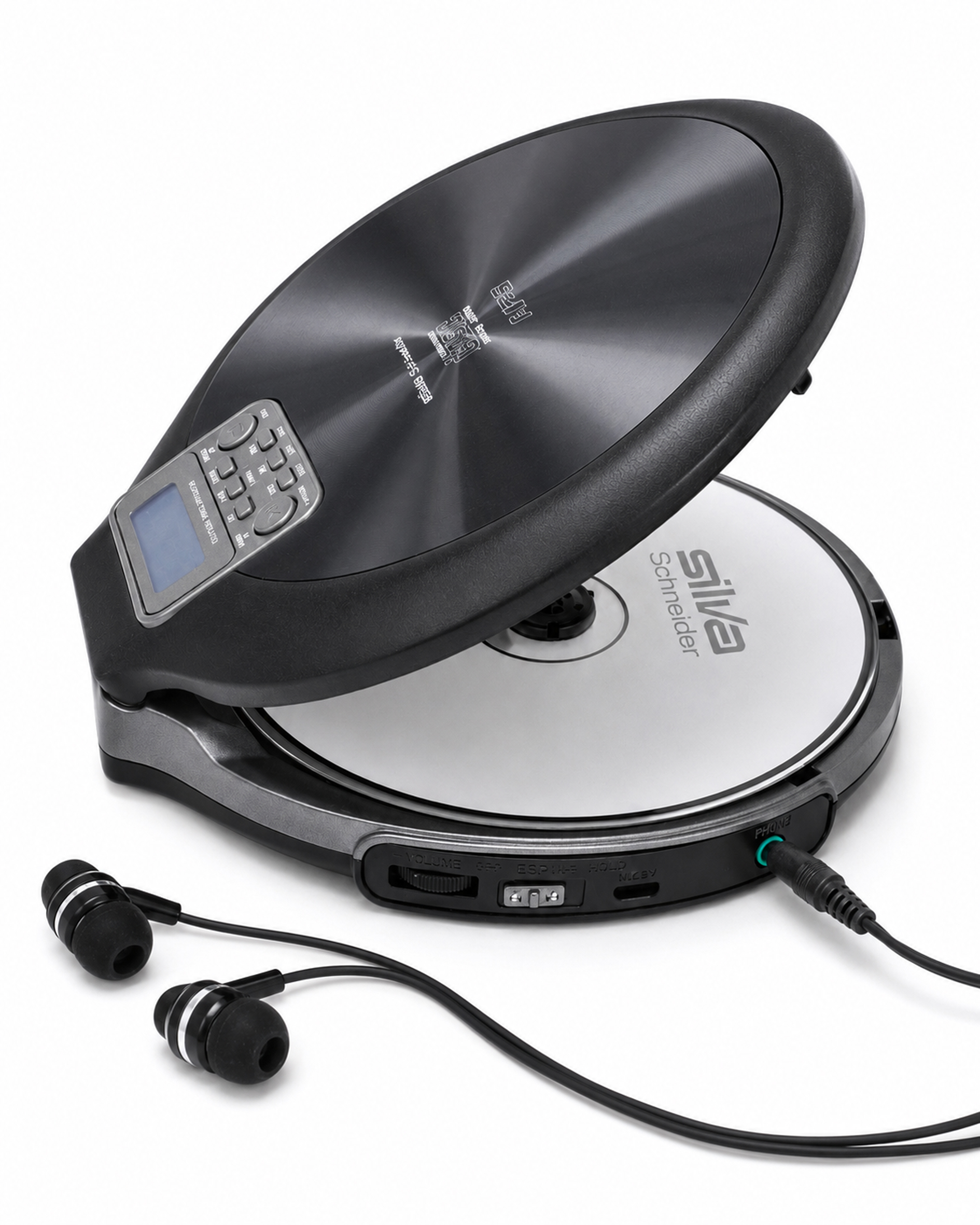 Ein schwarzer tragbarer CD-Player mit Kopfhörern, geöffnet mit einer CD.