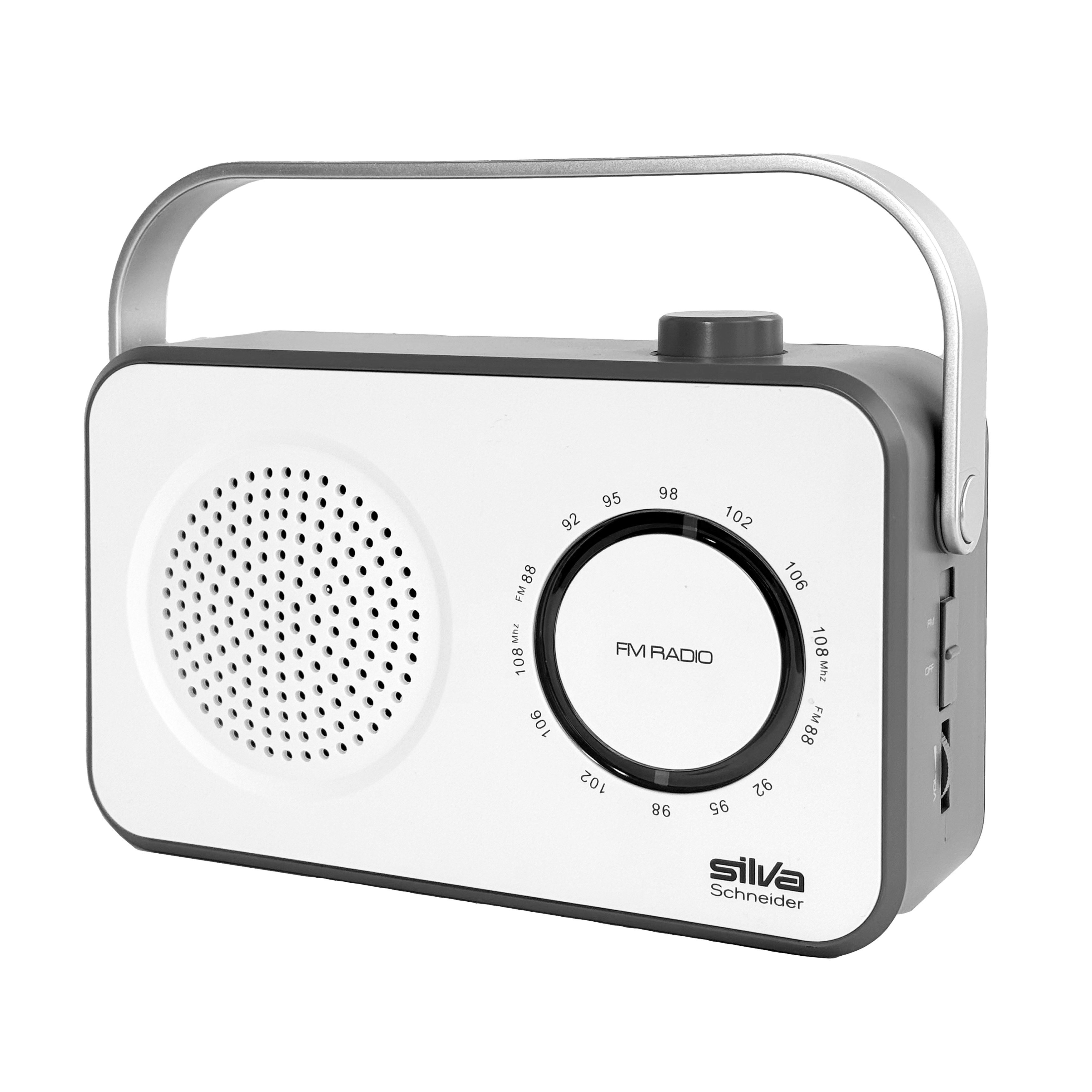Ein weißes und graues FM-Radio mit silbernem Griff und Lautsprechergrill.