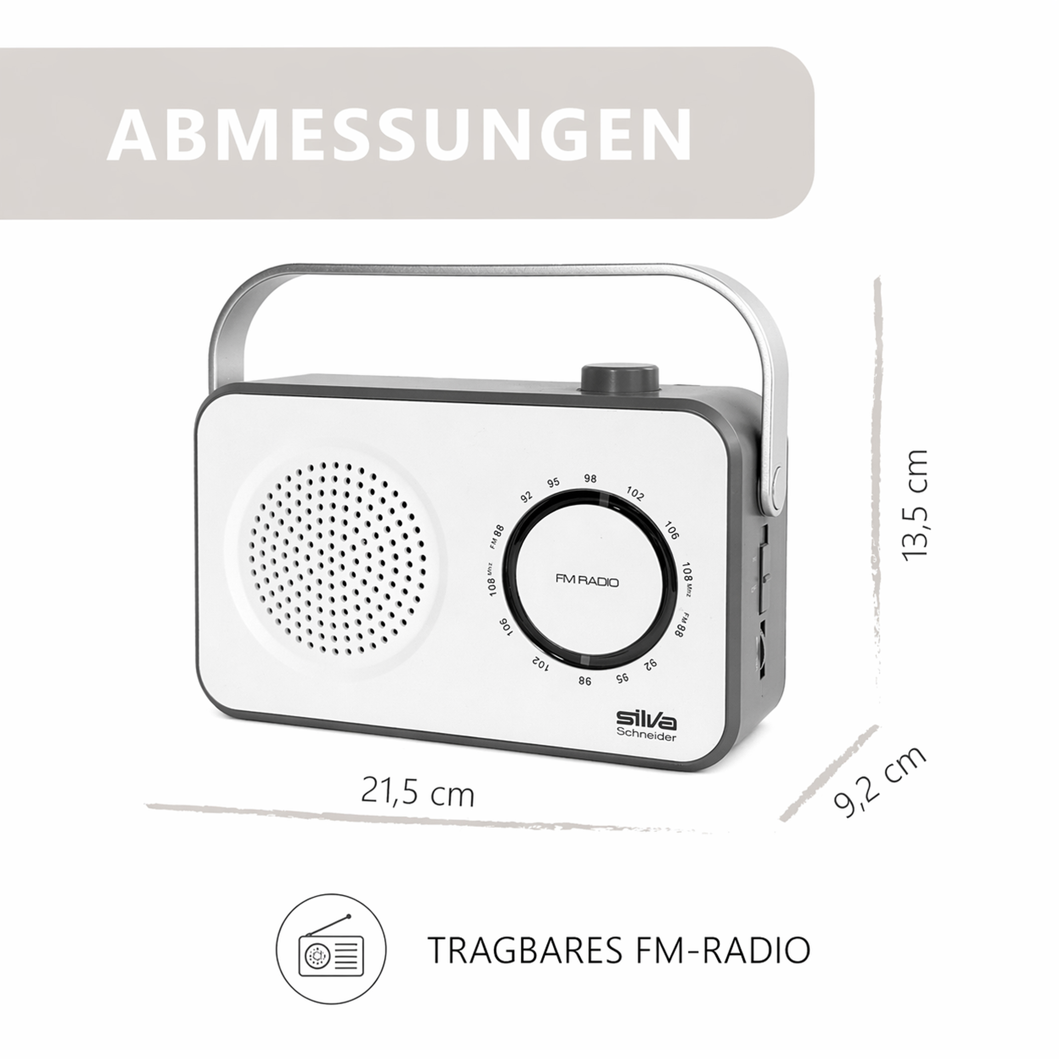 Tragbares FM-Radio mit Maßen 21,5x13,5x9,2 cm. Weiße Front mit Lautsprecher und UKW-Skala.