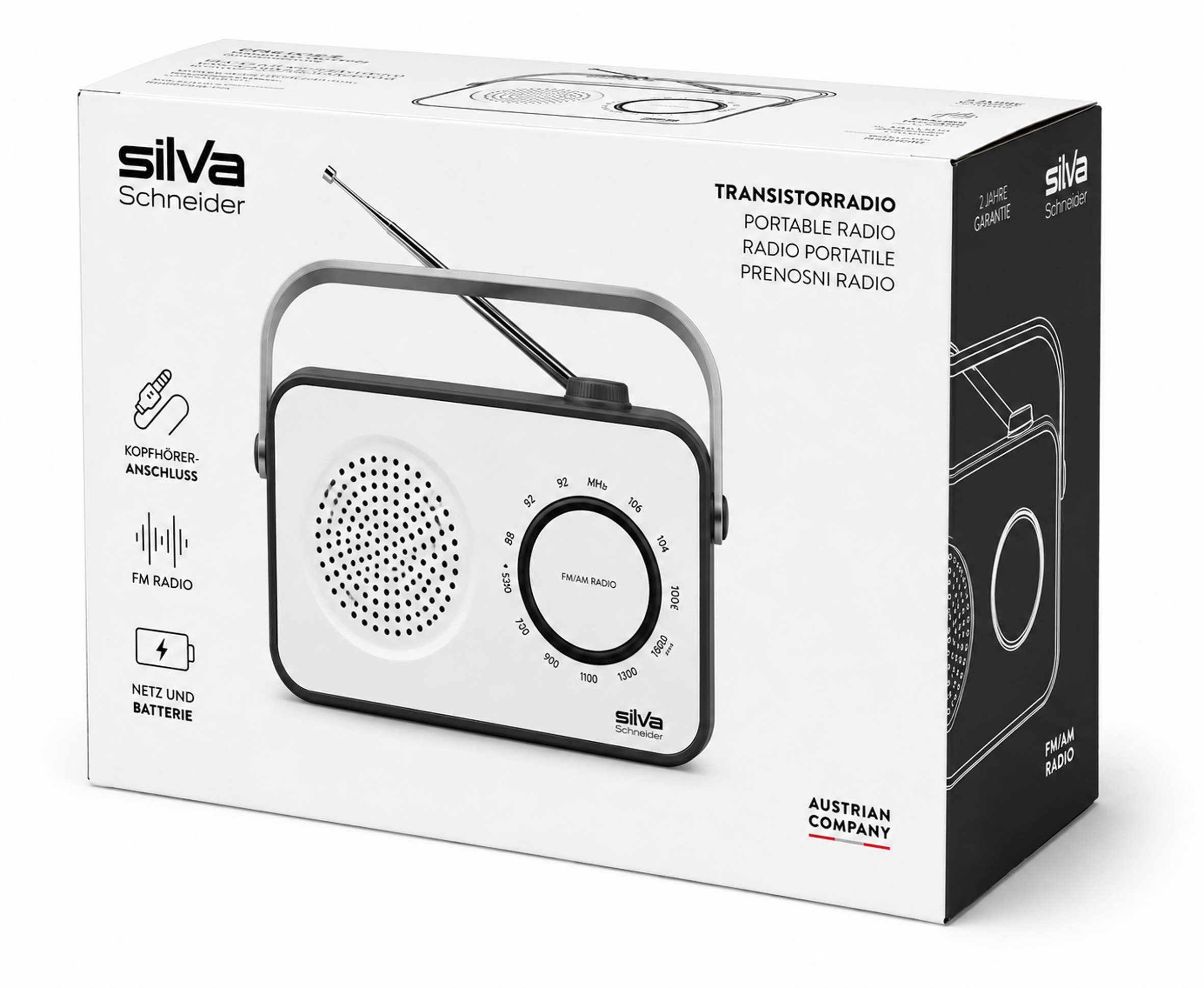 Verpackung eines weißen Silva Schneider Transistorradios mit Antenne und Drehregler.