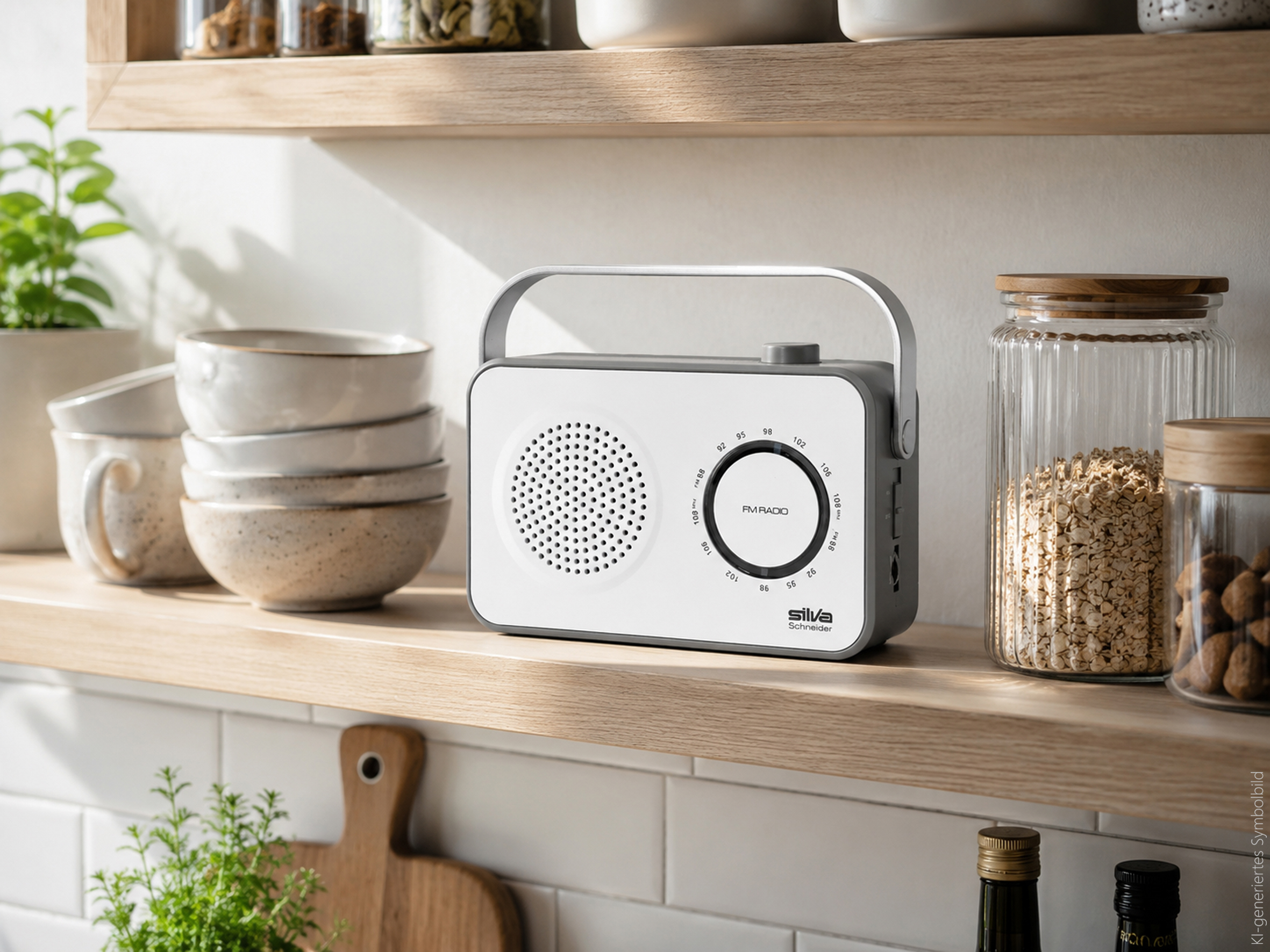 Ein weißes FM-Radio mit silbernem Griff steht auf einem Holzregal neben Schüsseln und Gläsern.
