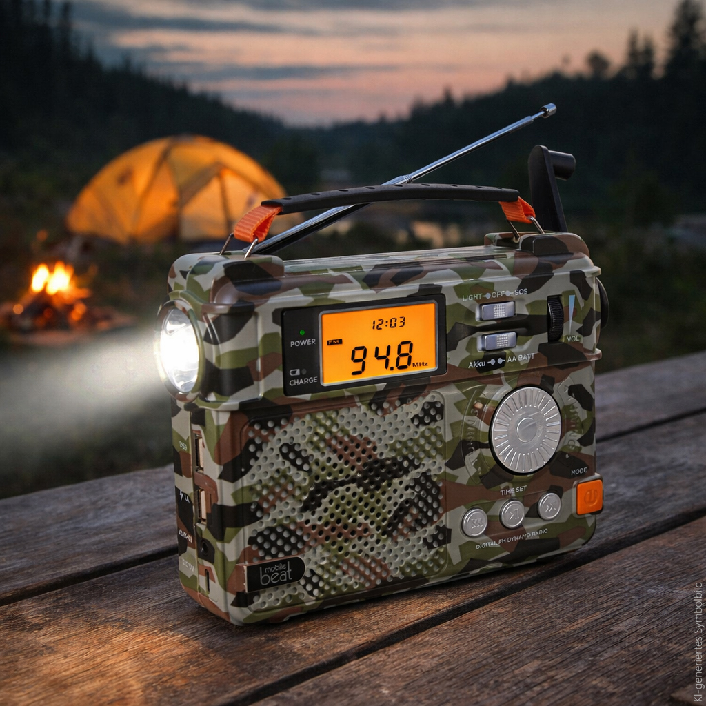 Tarnradio mit Licht und Display auf Holztisch, Camping im Hintergrund.