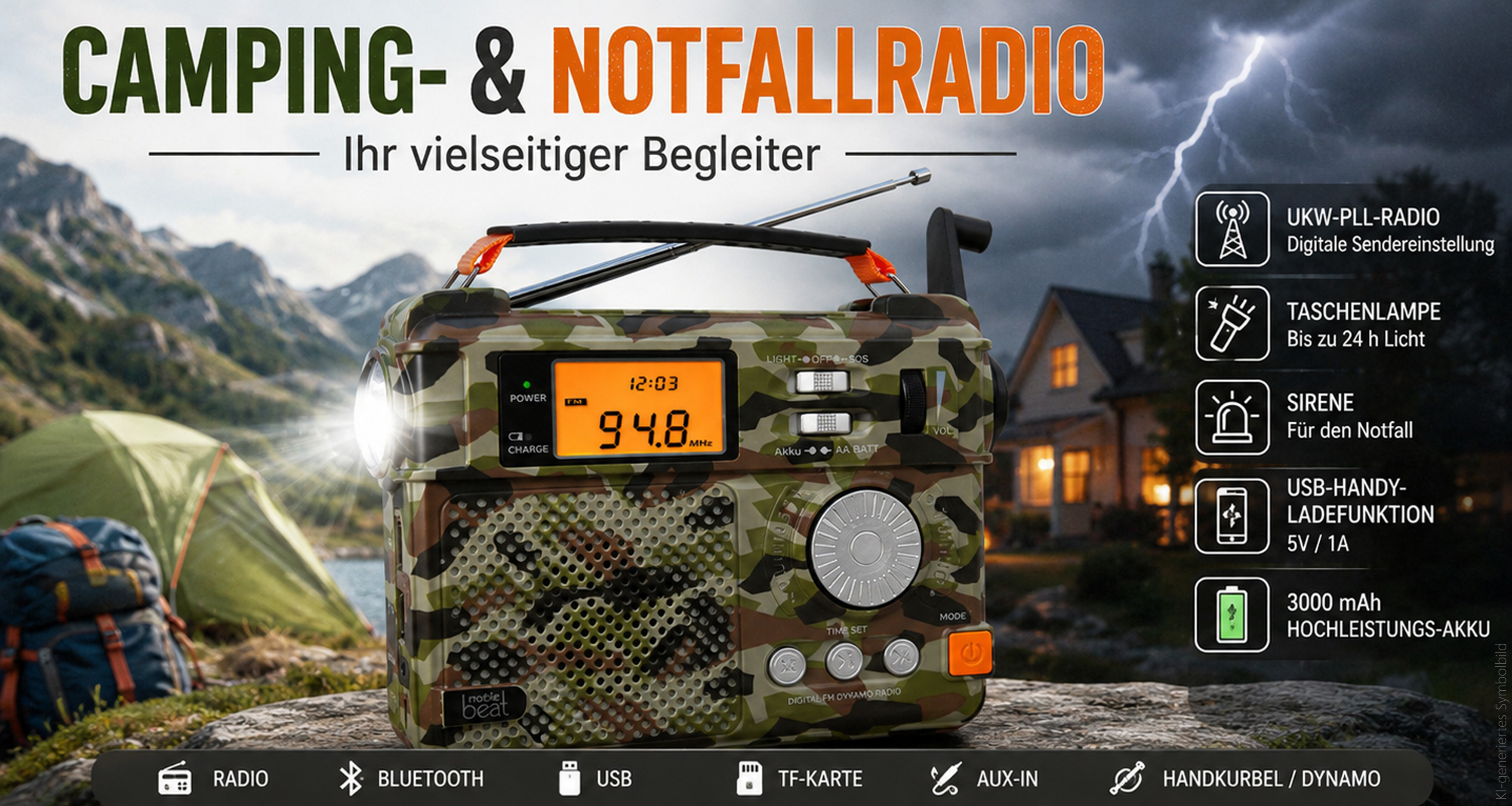 Ein Camouflage-Radio mit Taschenlampe, Sirene und Akku steht im Freien.
