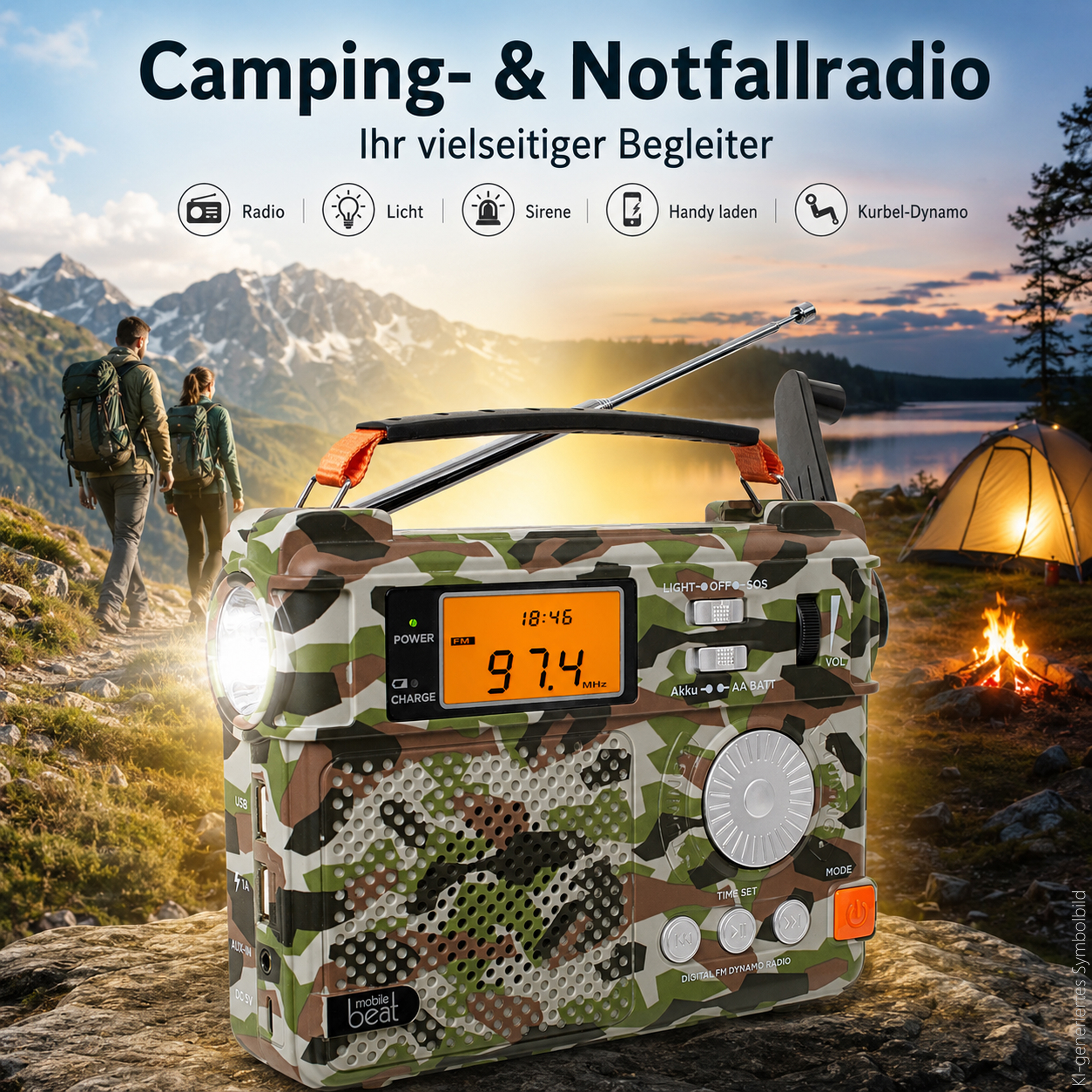 Tarnradio mit Wanderern, Zelt und Lagerfeuer bei Sonnenuntergang.