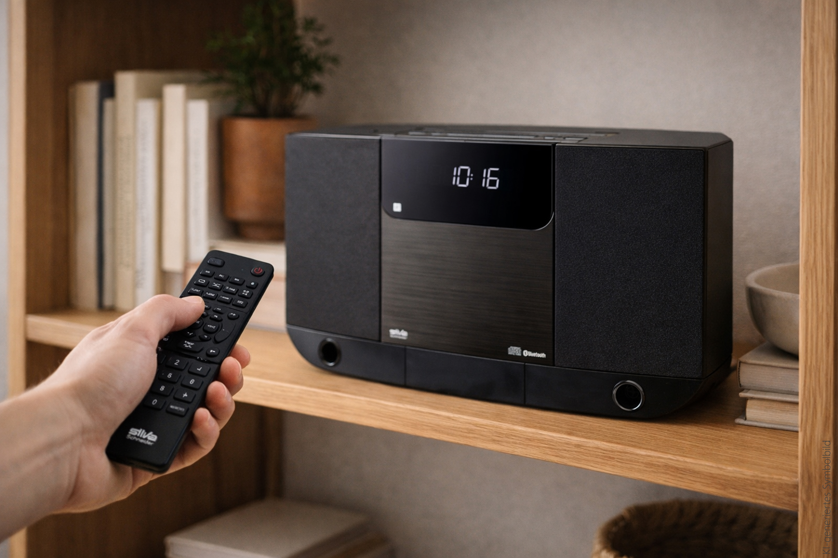 Hand hält Fernbedienung vor einem schwarzen Stereo-System mit Büchern im Regal.