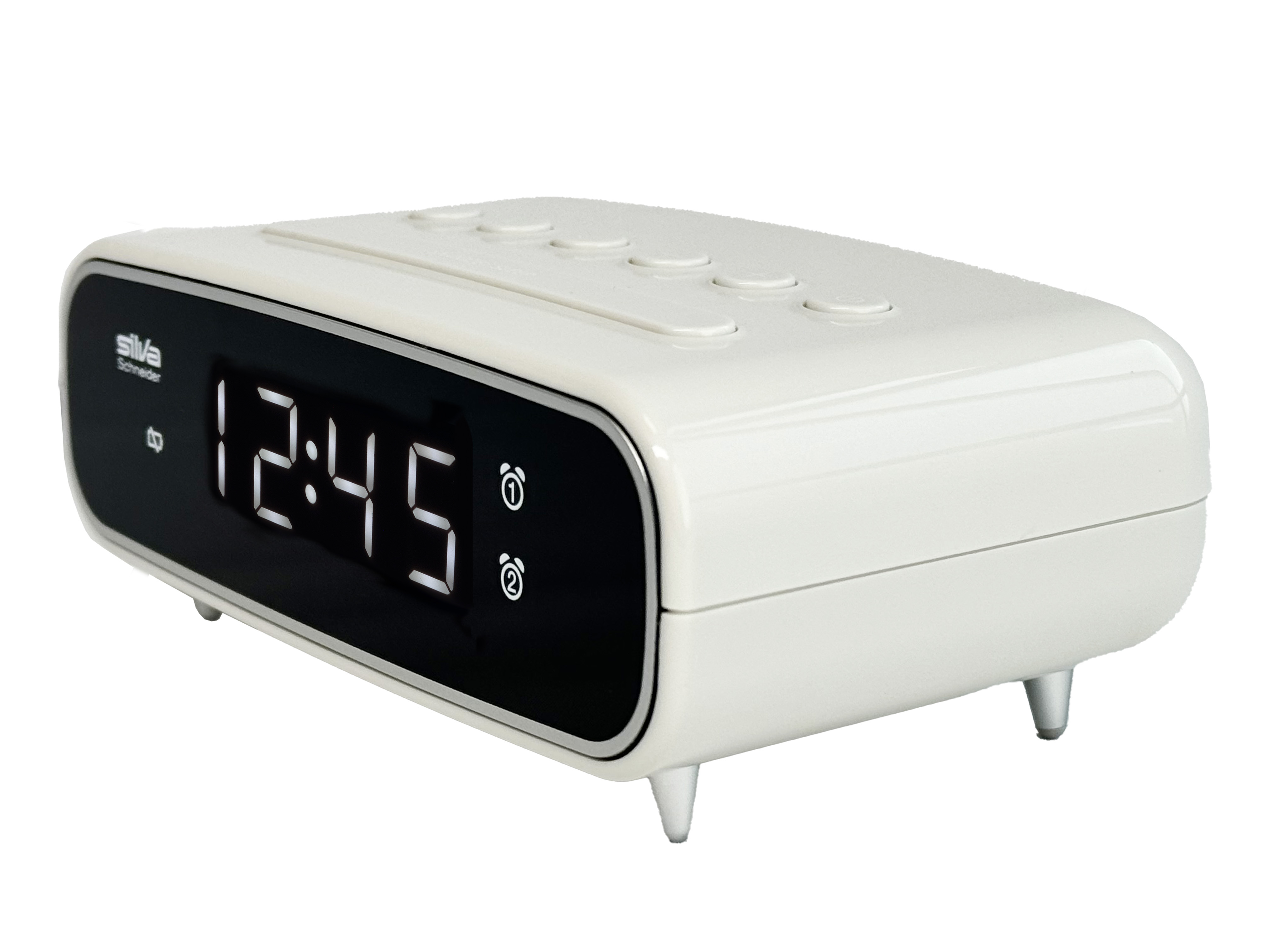 Ein weißer Digitalwecker mit schwarzem Display, das 12:45 anzeigt.