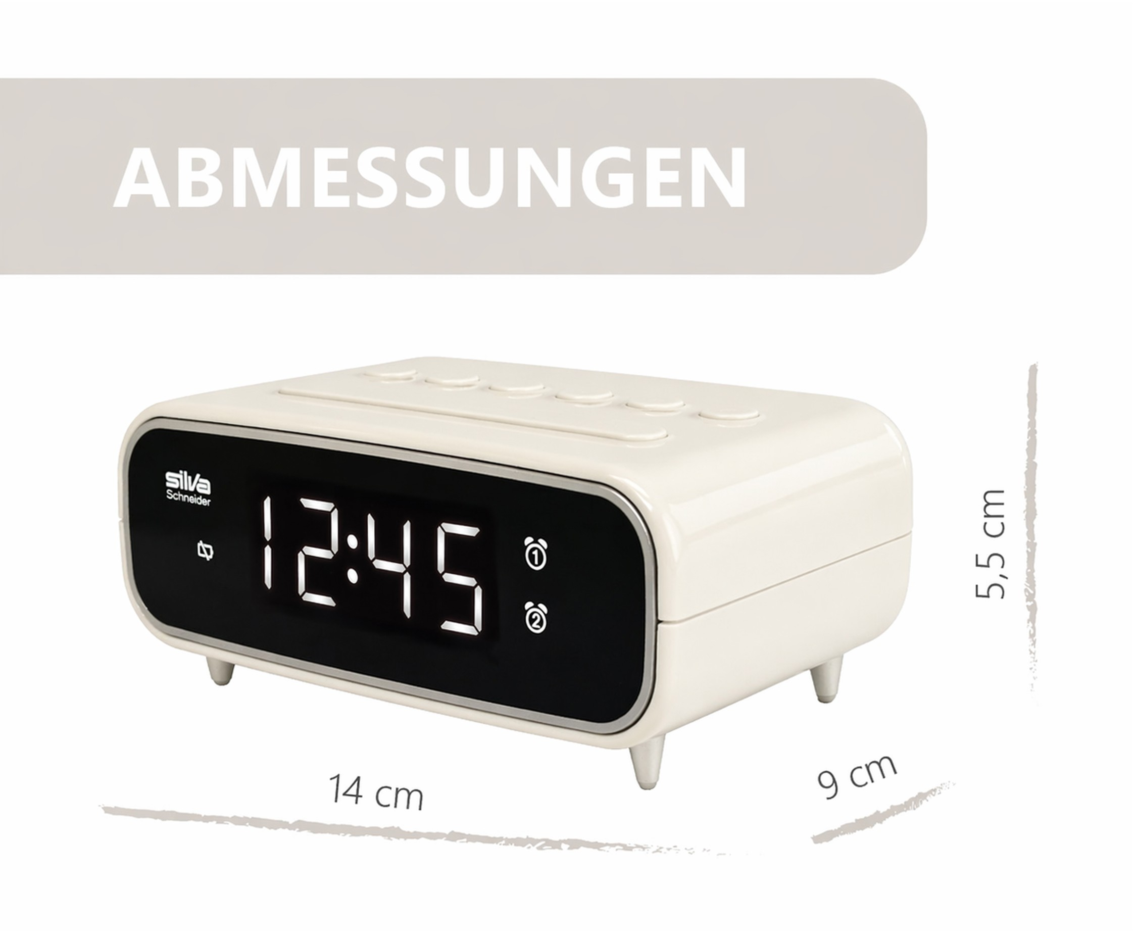 Ein cremefarbener digitaler Wecker mit den Maßen 14x9x5,5 cm.