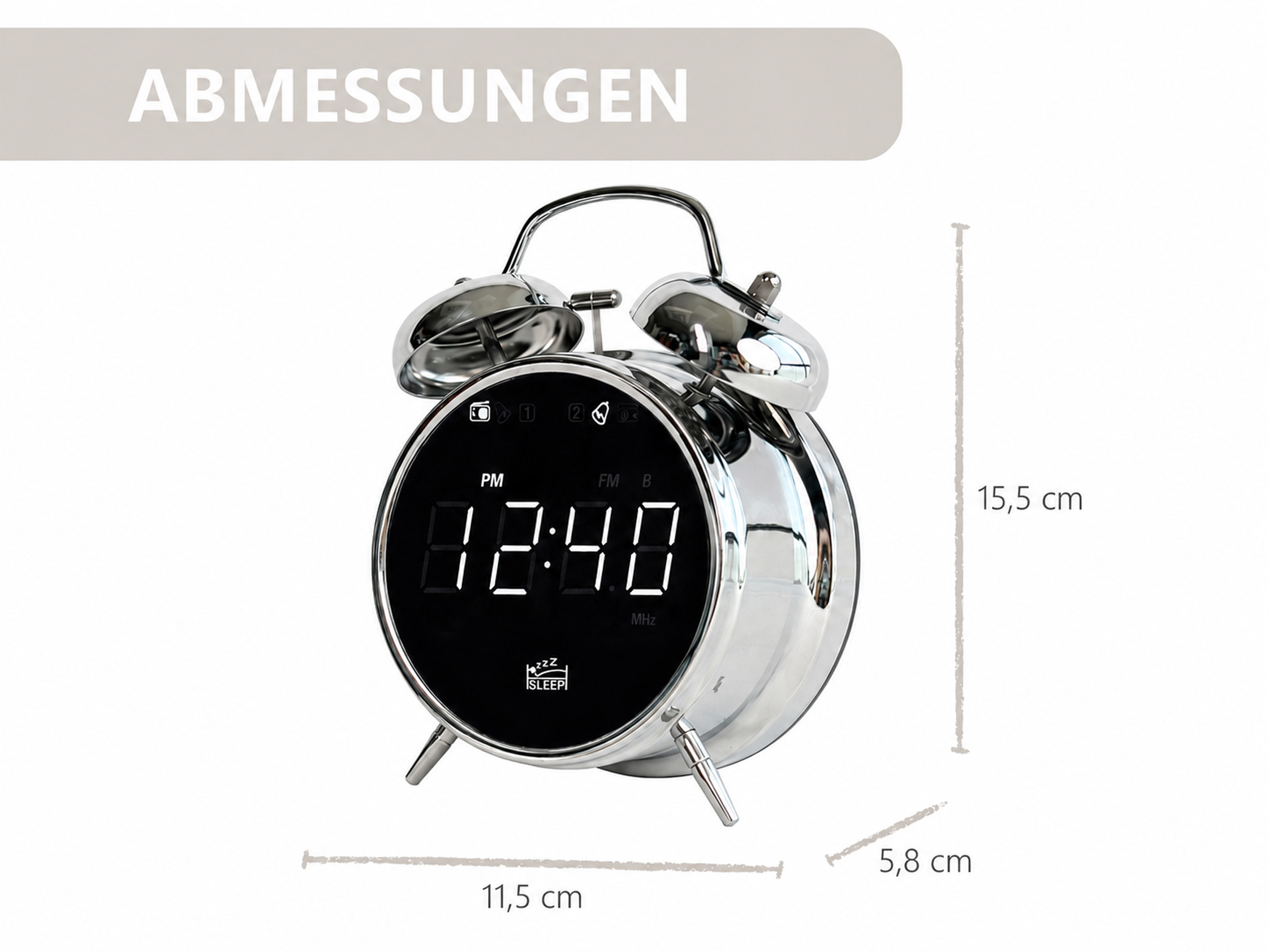 Chromfarbene Weckeruhr mit Digitalanzeige 12:40 und Maßen.