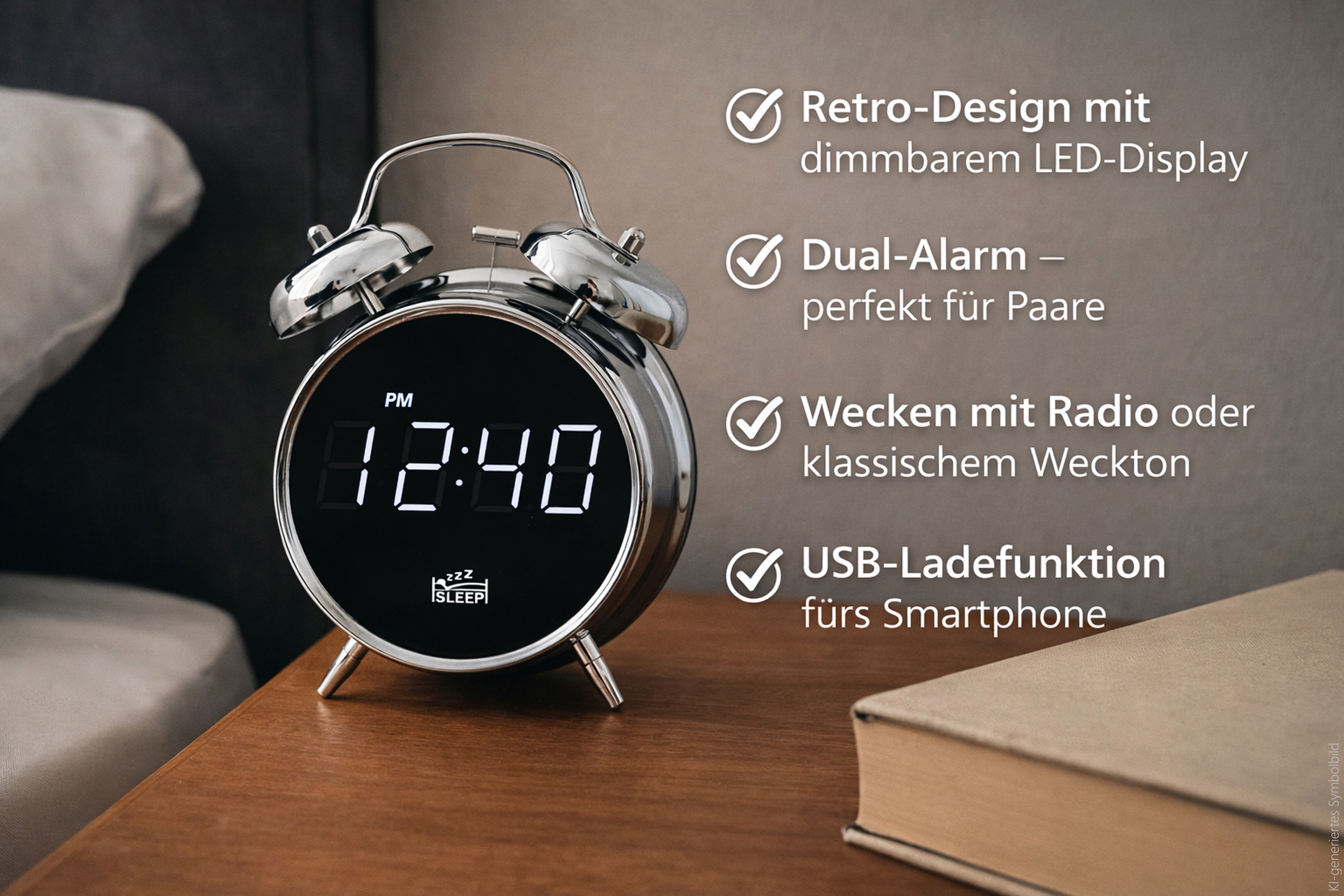 Ein silberner Wecker mit Retro-Design steht auf einem Nachttisch neben einem Buch.