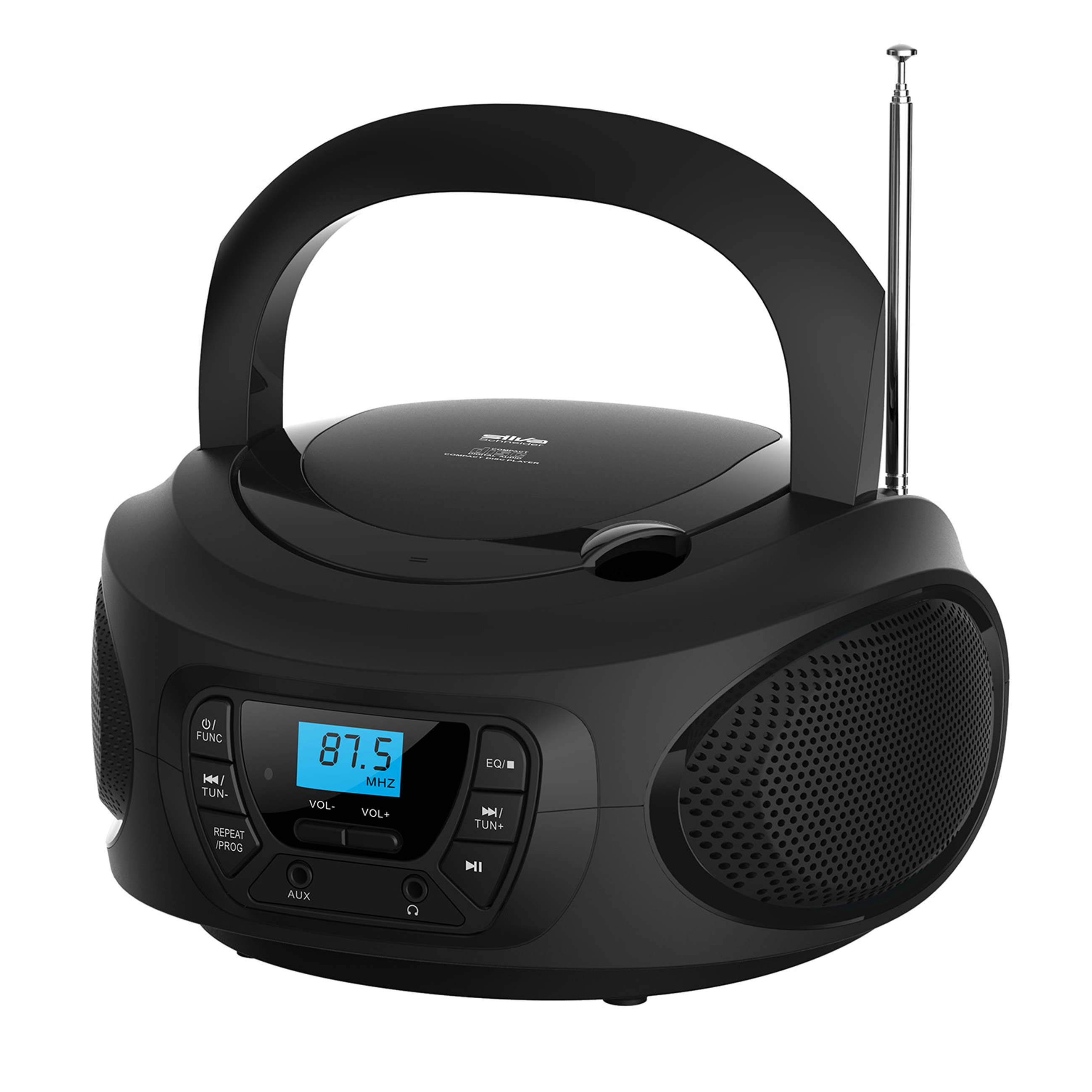 Schwarzer tragbarer CD-Player mit Antenne und blauem Display.