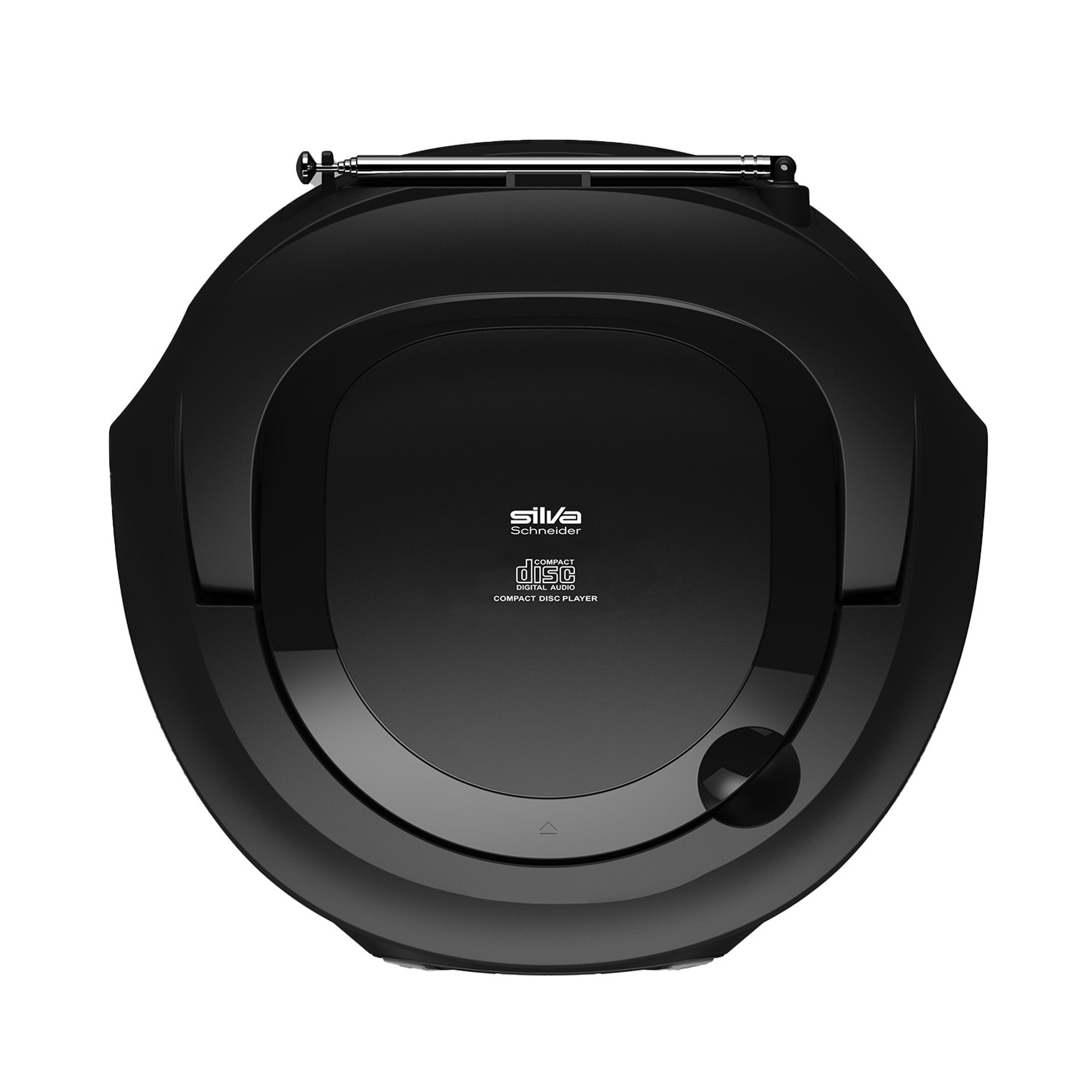 Schwarzer CD-Player mit ausziehbarer Antenne und Markenschriftzug.