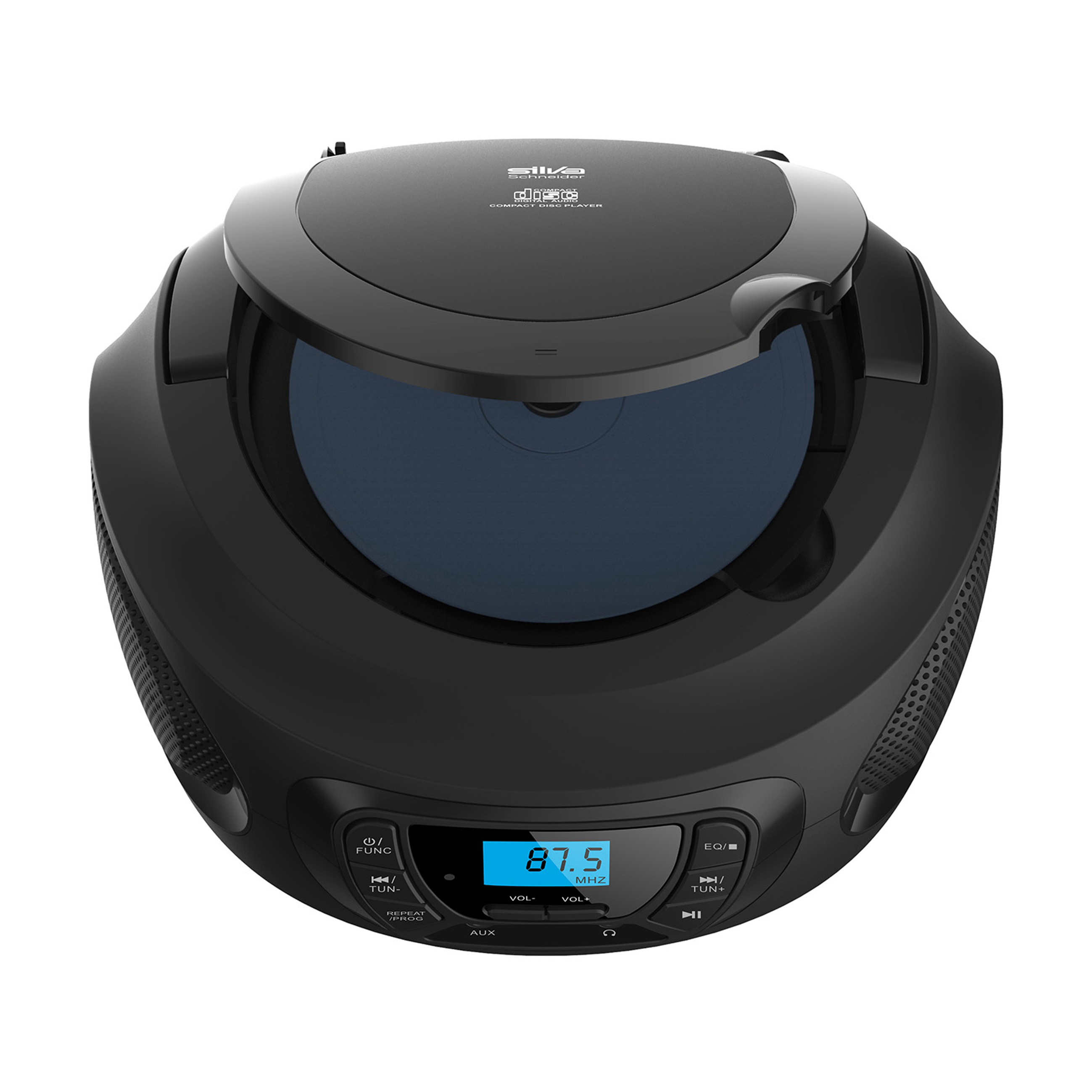 Schwarzer CD-Player mit geöffnetem Deckel, Radiofrequenz 87.5 MHz.