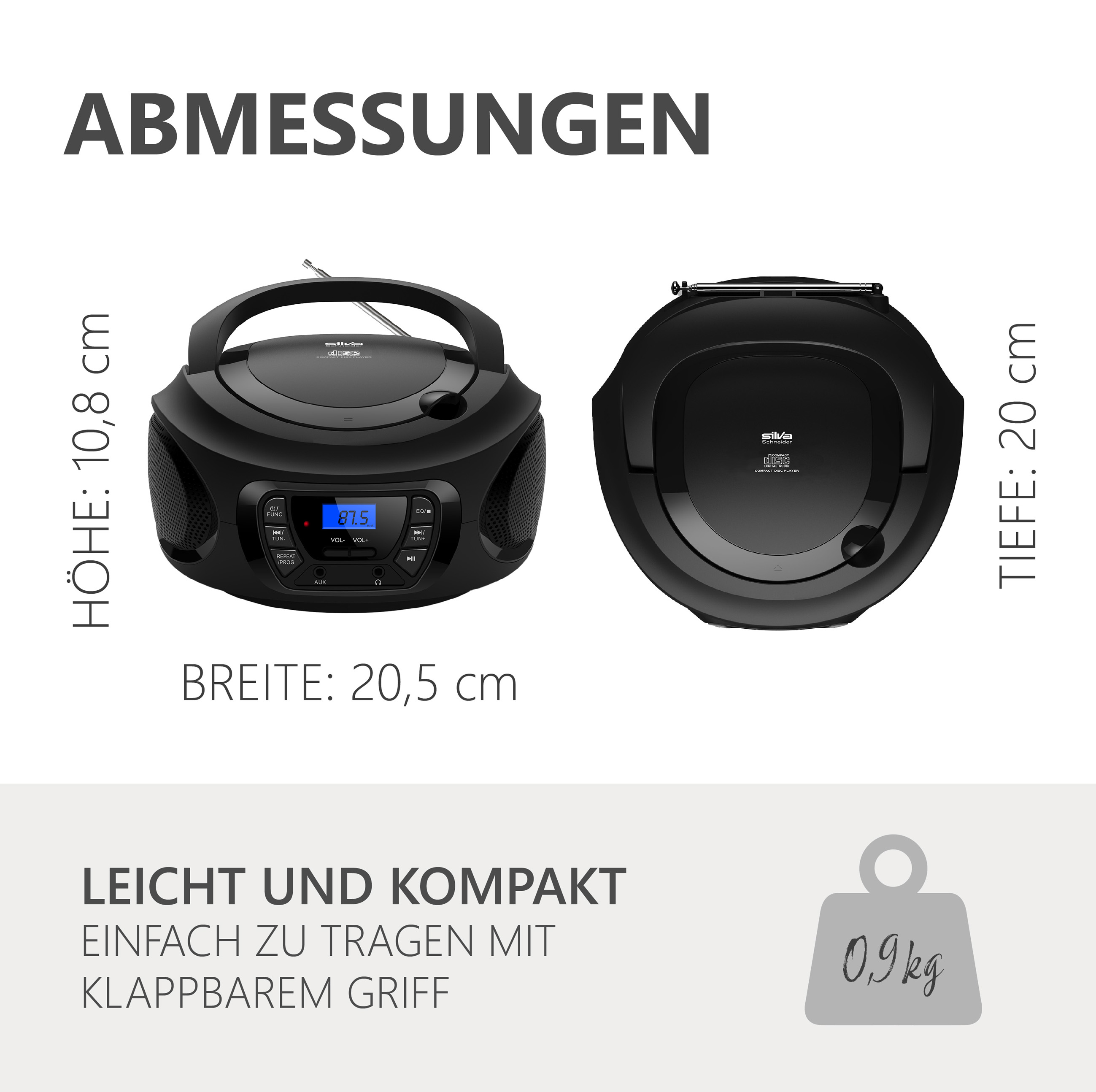 Schwarzer CD-Player mit Maßen: Höhe 10,8 cm, Breite 20,5 cm, Tiefe 20 cm.
